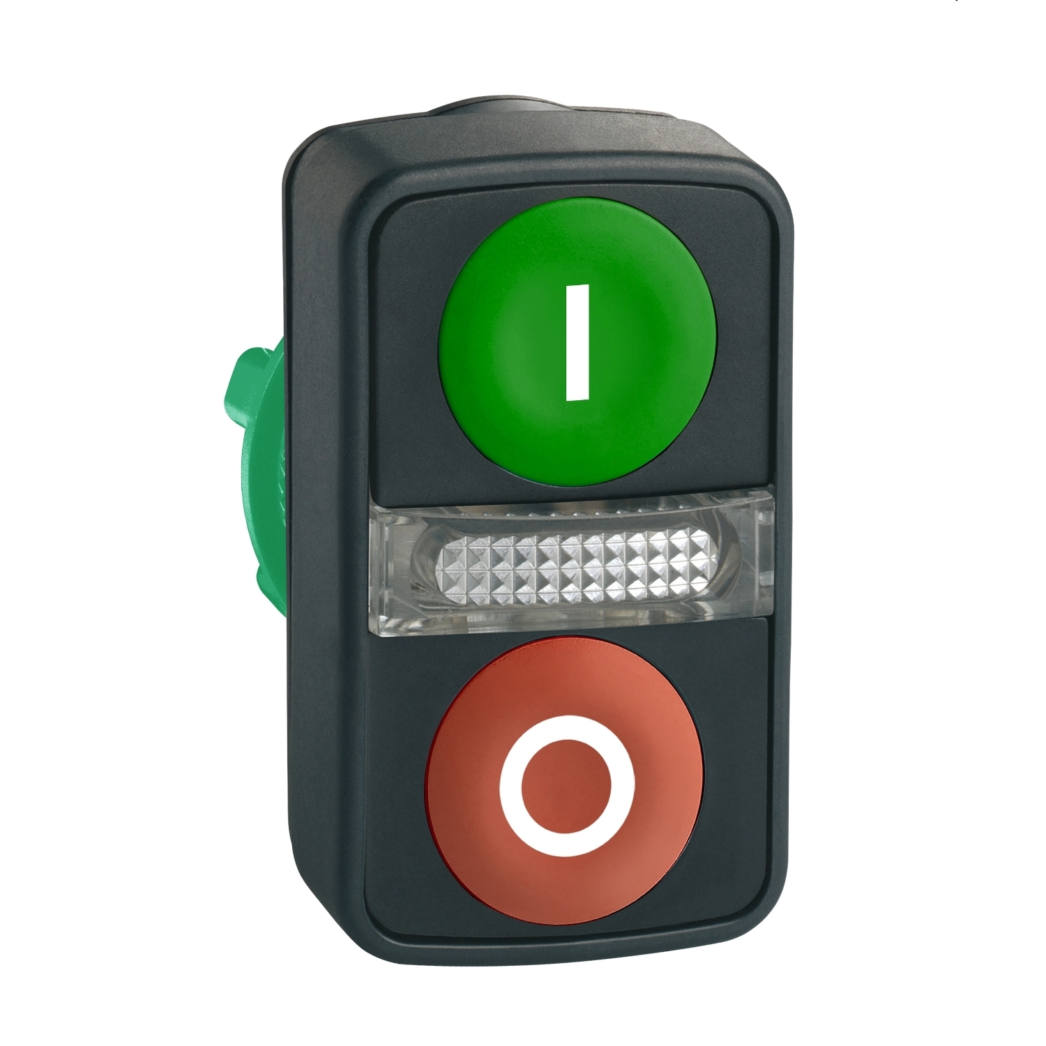 Illuminated double headed push button head, Harmony XB5, plastic, 22mm, 1 green flush marked I + 1 pilot light + 1 red flush marked O