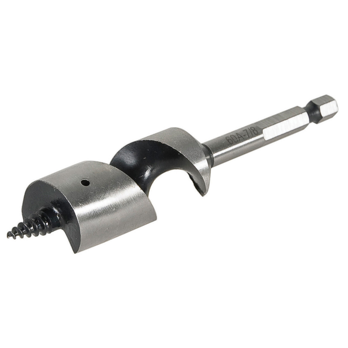 Stubby Auger Wood Bit, 7/8" (22.2 mm).  Over center single flute design for cleaner holes and less splintering.   Unique cutting edge designfor fast and smooth cutting action.     Shorter than the top competitor's bit for better access to tight spaces between studs and joists.  Perfect for drilling 2" and 4" joists.  Augers have self-feeding screw point that draws bit through all wood types with less operator fatigue.  Eliminates the need for special tools such as expensive right angle drills or multiple steps to cut the hole to size.     1/4" hex quick change design for fast and easy use in all drill types.  Clearly marked with bit diameter and catalog number on shank for easy identification.