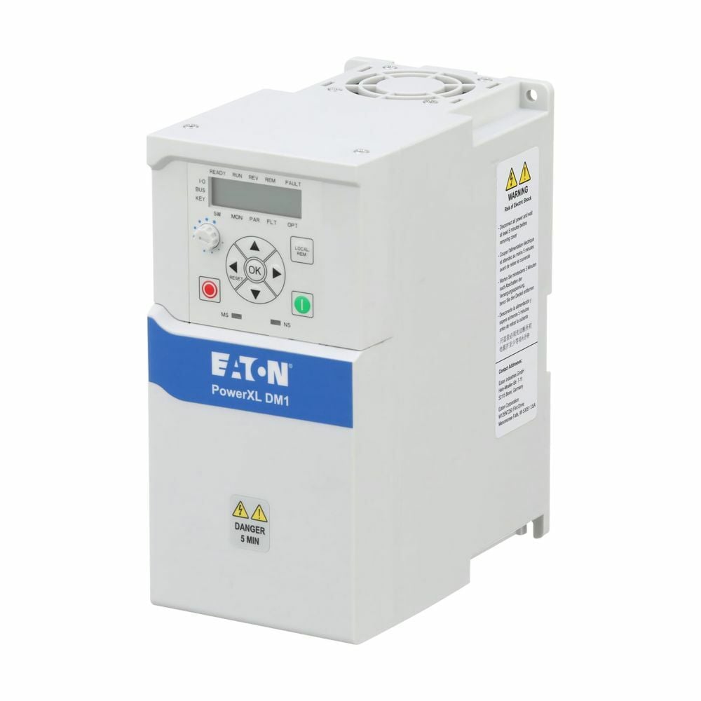 Eaton PowerXL DM1 series micro drive, Single-phase, 230 V, 11 A, Internal brake chopper, Multi segment LCD display, IP20, ST0 SIL2 and ethernet I/P, Modbus TCP onboard