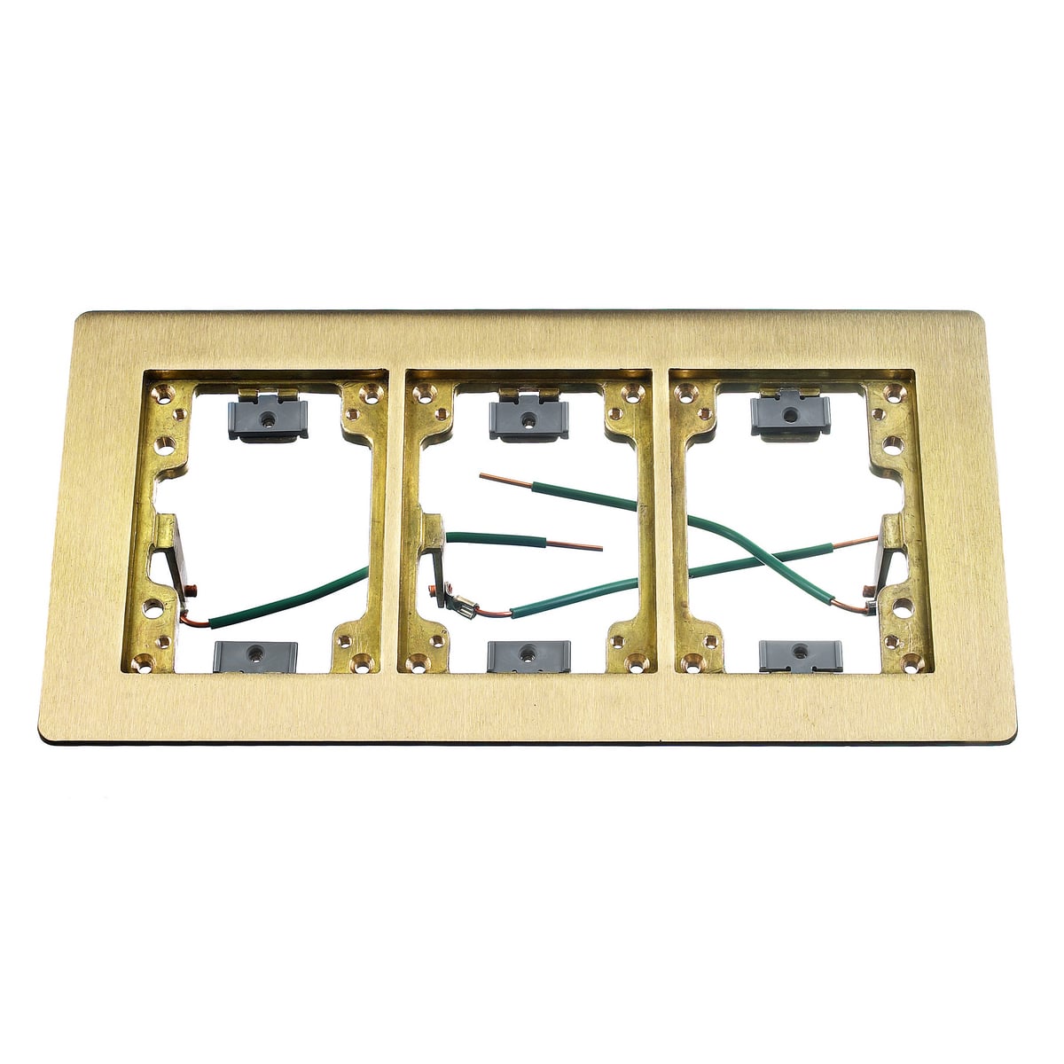 Flush Concrete Floor Box Series, 3-Gang Flat Flange with Grounding Wire, Rectangular, 6.00" X 11.43", Brushed Brass