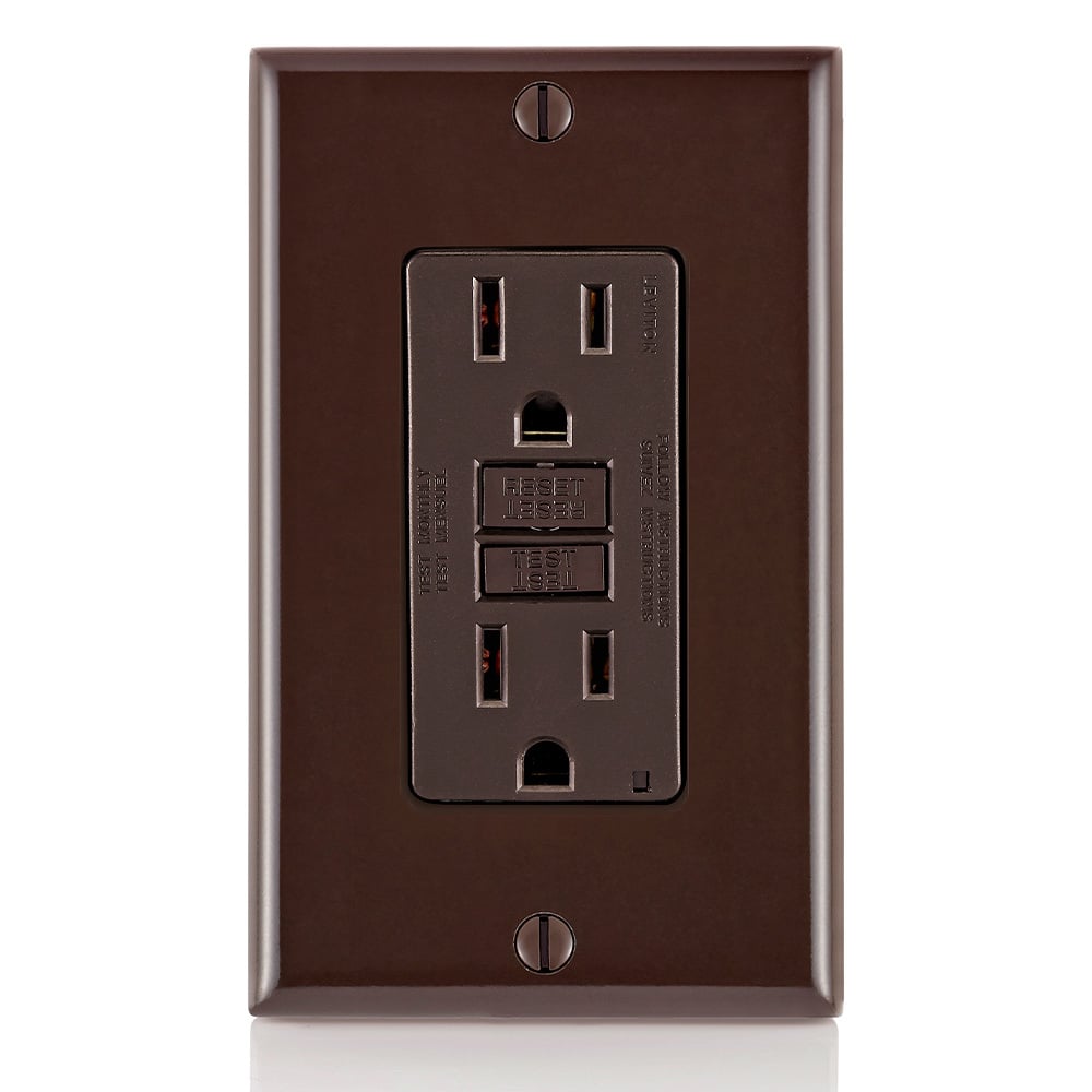 Self-Test Slim Tamper Resistant GFCI Receptacle. Nema 5-15R 15A-125V At Receptacle, 20A-125V Feed-through. Lighted - Brown With Brown Test And Reset Button.
