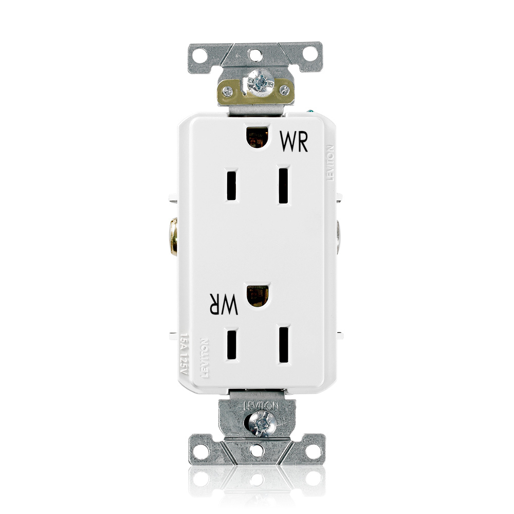 15 Amp, 125 Volt, NEMA 5-15R, 2P, 3W,Decora Plus DuplexReceptacle, Straight Blade, Fed Spec, Heavy Duty Industrial Specification Grade, Weather-Resistant, Self-Grounding, Back & Side Wired, Steel Strap  WHITE