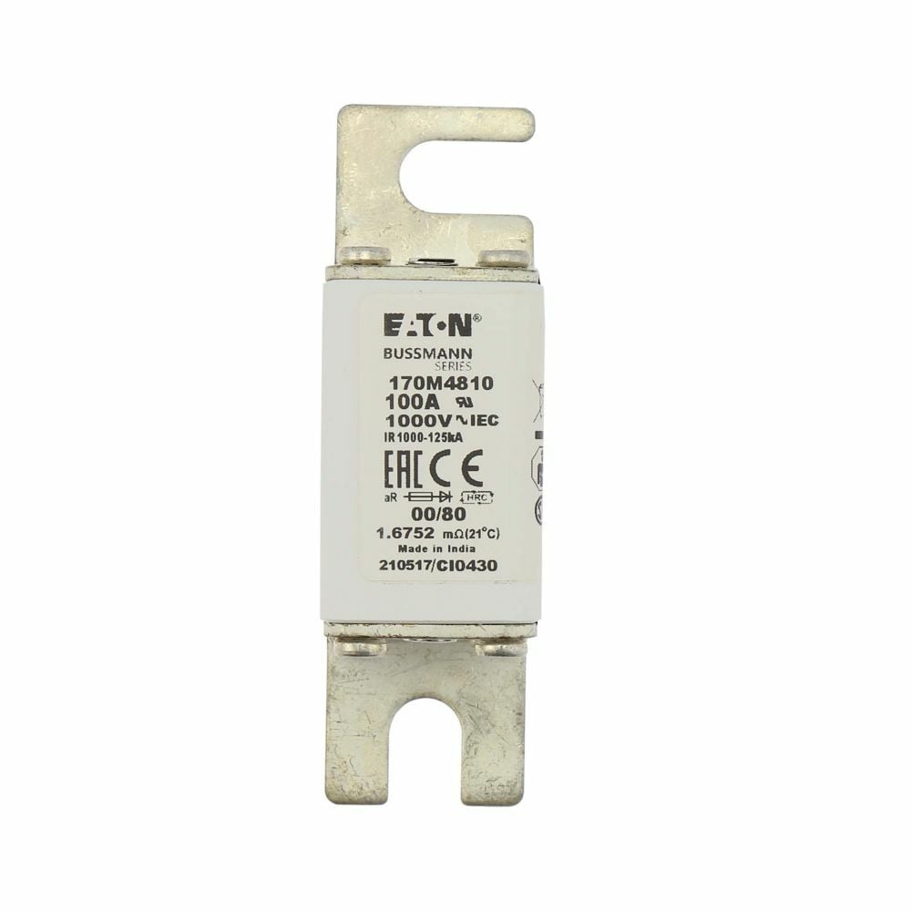 Eaton Bussmann series high speed square body fuse,100A,125 kAIC,Class aR,Blade end X Din 43-620 blade end,DIN 43 620,Standard,Clearing at 1000V: 6850,square body with centre-bolted tags (slotted),Top fuse status indicator,950,25W