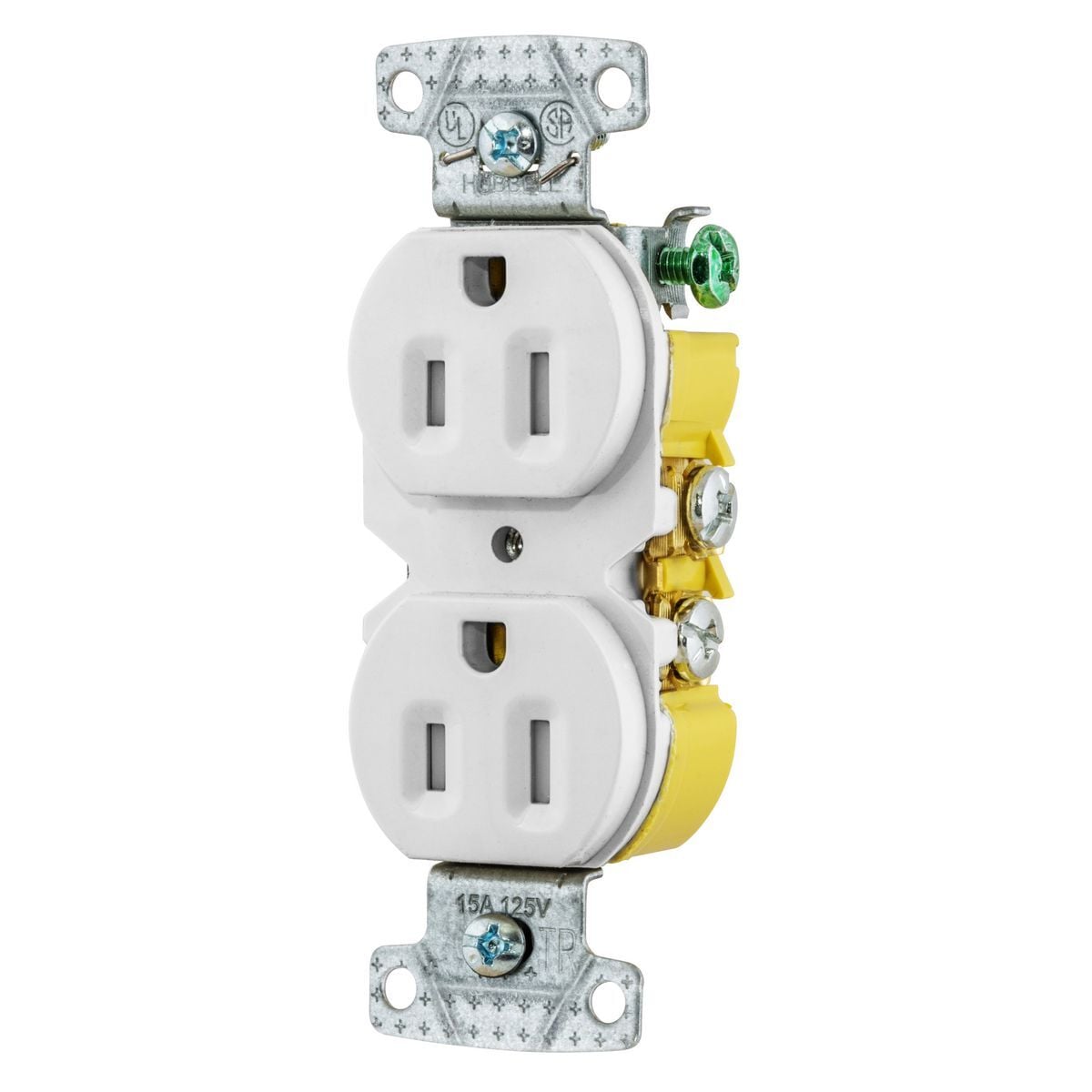 TAMPER RESISTANT DUP RECEPT 15A 125V  SELF- GRD WHITE BACK AND SIDE WIRE, XCLAMP