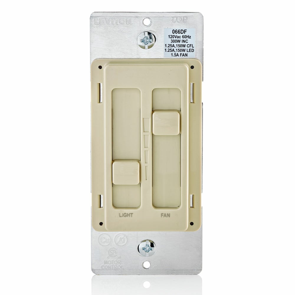 SURESLIDE, DUAL QUIET FAN AND LIGHT CONTROL, SINGLE POLE, UNLIGHTED, 120V, 1.5A FAN,300W INC, 150W LED/CFL. COF IVORY, LEADED