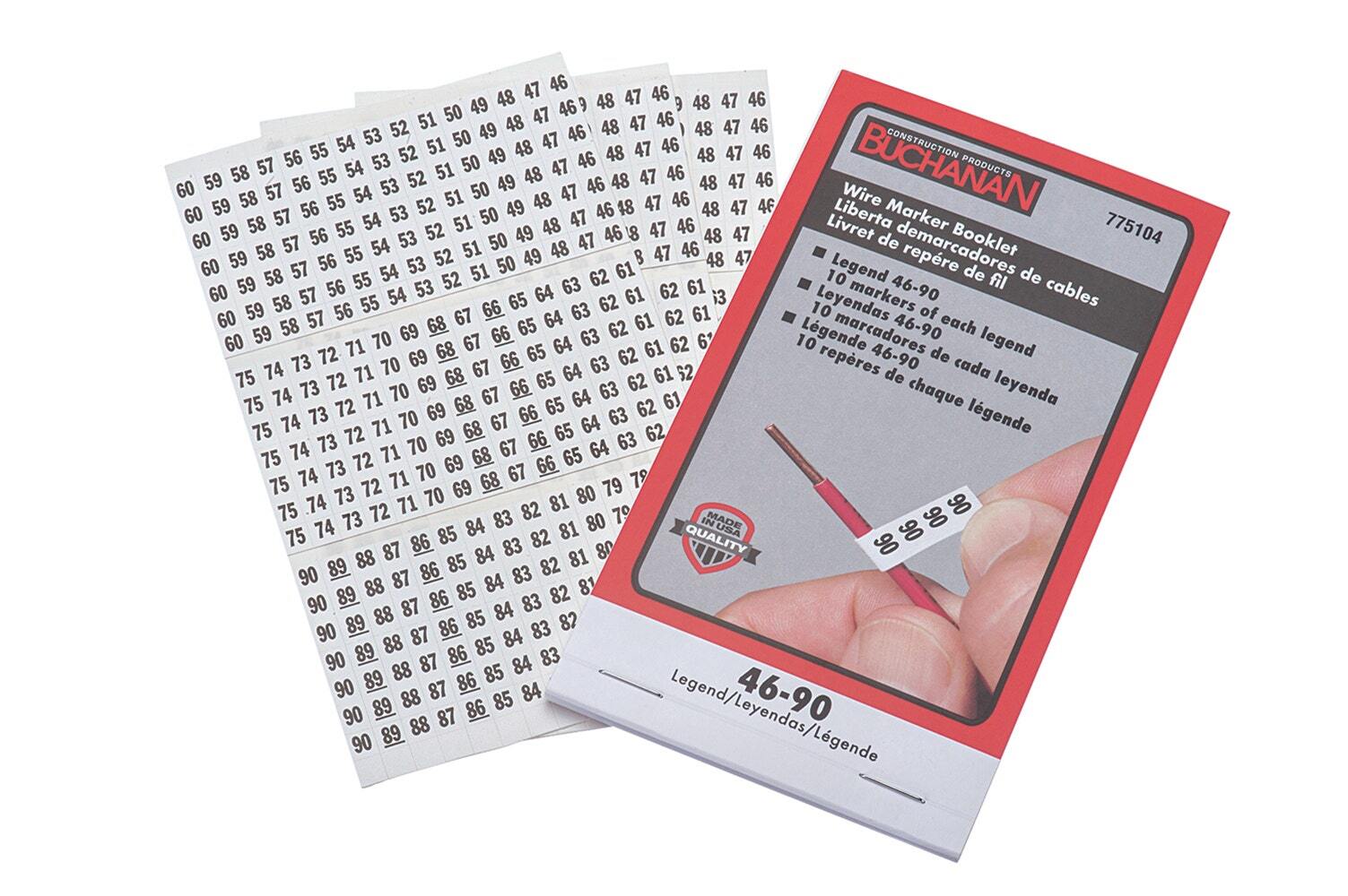 Buchanan, Wire Marker Booklet, Size: 1/4 X 1-1/2 IN Marker, Legend: 46-90, Markers Per Page: 10, Number Of Pages: 10/Booklet, Legend Color: Non-Smear Black, Includes: 450 Wire Markers And 450 Terminal Markers
