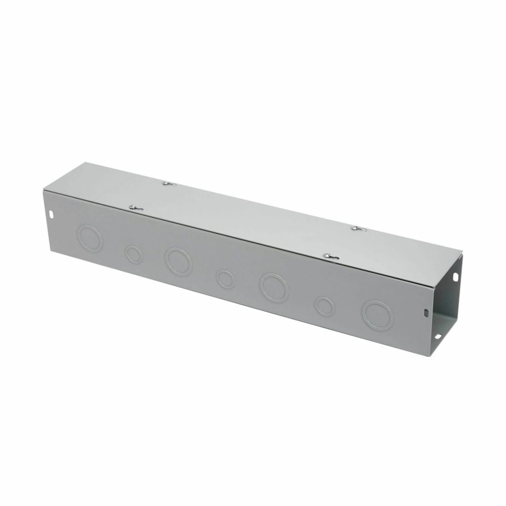 wireway, 8" height, 48" length, 8" width, G wireway, Thru holes, 15 top knockouts, 15 bottom knockouts, Screw cover, NEMA 1, Steel, Plated screws, ANSI 61 gray, 14 gauge