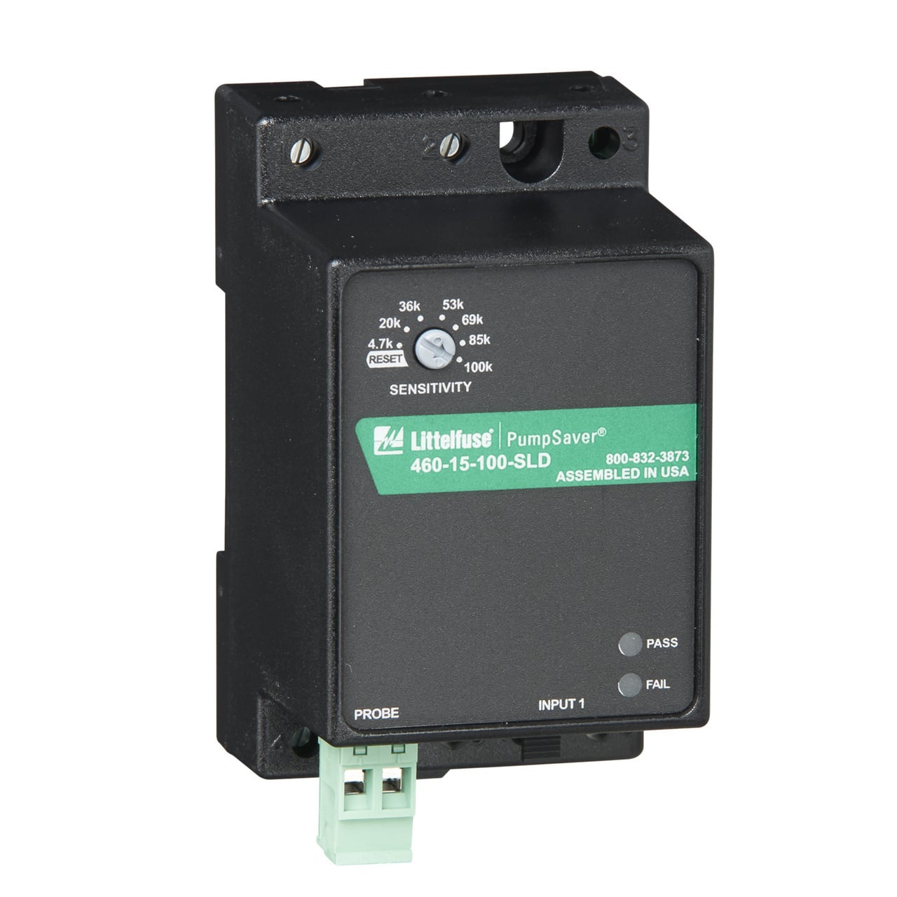 The 460-15-100-SLD is a seal-leak detector to sense seal failures on submersible pumps. A microcontroller-based relay monitors the shaft seal of a submersible pump motor. A resistive probe is installed in the seal cavity. If water leaks into the pump, the resistance measured by the probe decreases. When the resistance drops below the sensitivity setpoint, the unit will trip and the relay contacts will change state. Output relay logic can be reversed by removing an external jumper. The unit will automatically reset when a fault is cleared.