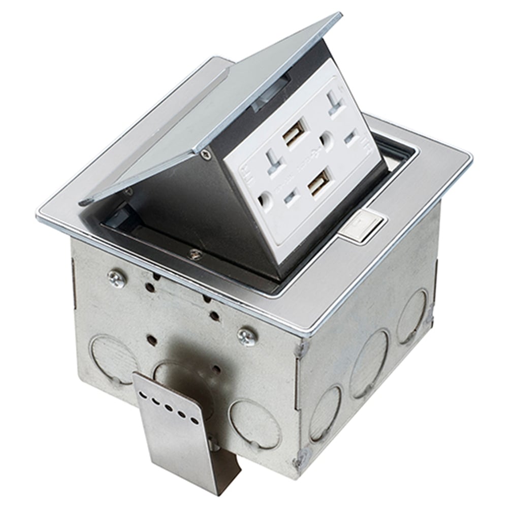 Square Stainless steel counter top box. Comes with a 20 amp tamper resistant decorator style receptacle with (2) USB ports.