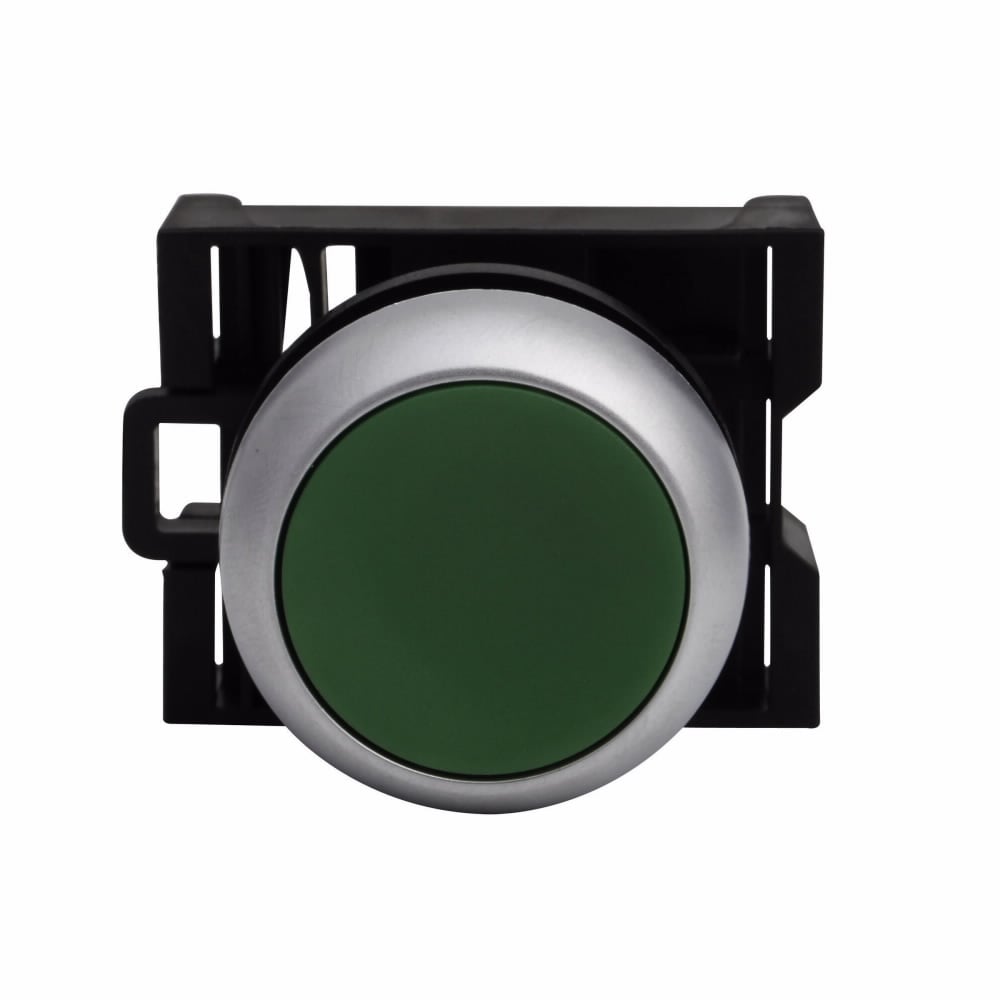 Eaton 22.5 mm RMQ-Titan Pushbutton,Green Actuator,Silver bezel,IP67, IP69K,Non-illuminated,Flush mounting,NEMA 4X, 13,1,000,000 operations,Maintained,22.5 mm,Flush Pushbutton,M22
