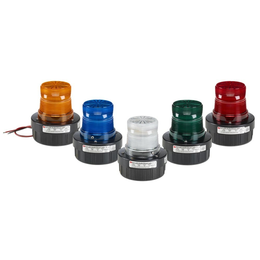 LED Flashing Combination Audible/Visual Signal, 120VAC, Clear - Available in 24VDC and 120VAC. 50,000 hour LED light source. Surface mount, integrated 1/2-inch NPT pipe mount and 4-inch electrical box mount. Five lamp/lens colors: Amber, Blue, Clear, Green and Red. Twist-off lens for easy access. Internal buzzer produces 85 dBA at 10 feet (95 dBA at 1m). PLC compatible. Type 3R enclosure. UL and cUL Listed.