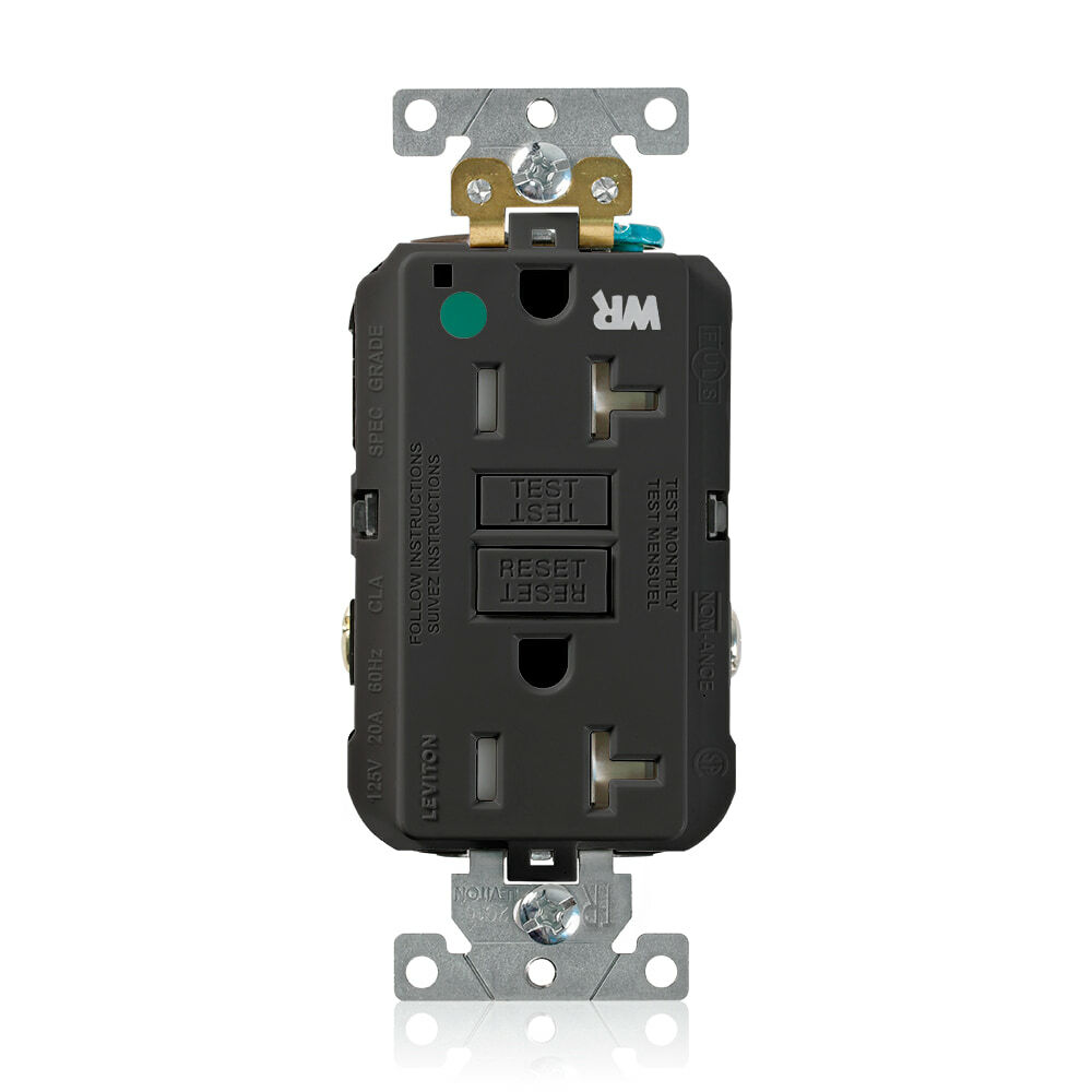 20 Amp, 125 Volt, SmartlockPro Self-Test GFCI Duplex Receptacle , NEMA 5-20R, 2P, 3W, Extra-Heavy Duty Hospital Grade, Weather & Tamper-Resistant, 20A Feed-Through, Back or Side Wired - BLACK