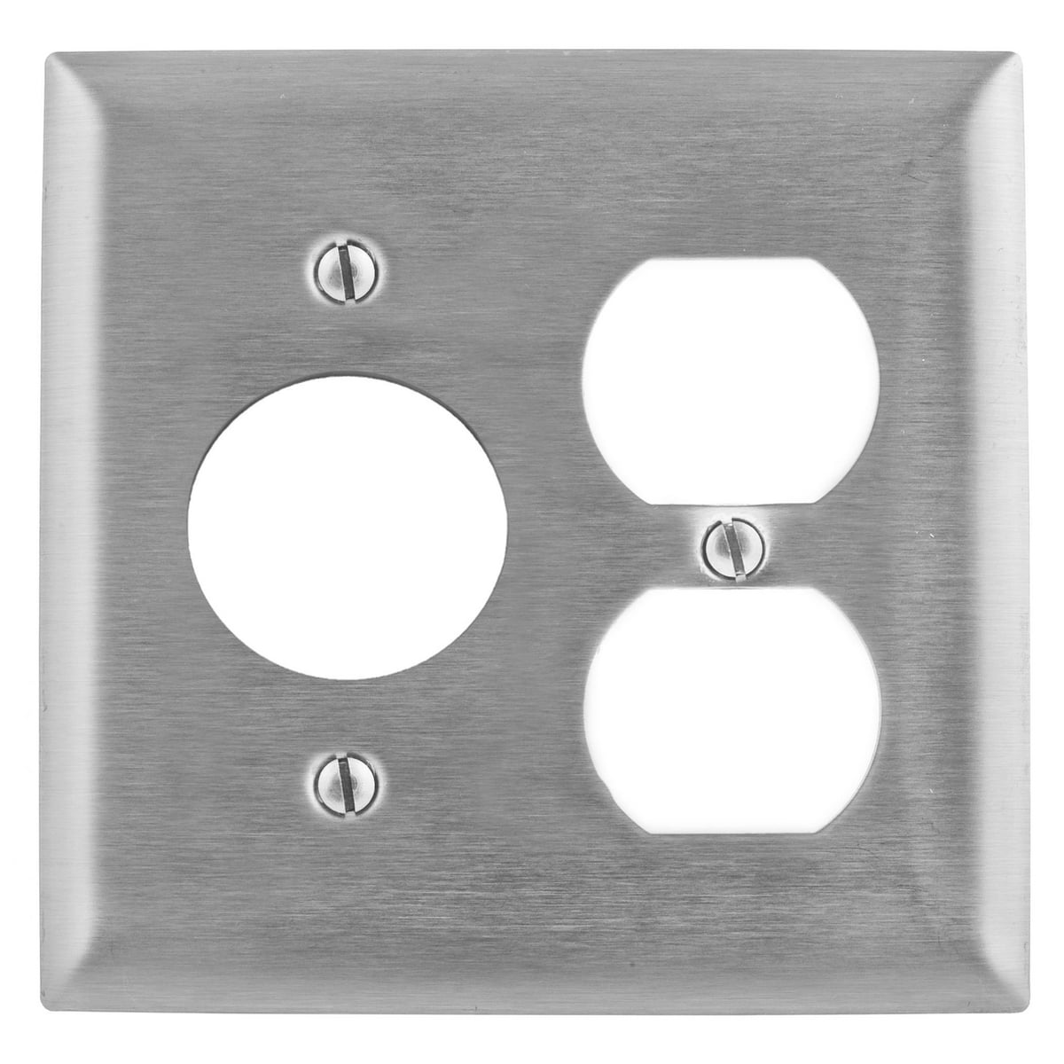 Wallplates and Boxes, Metallic Plates, 2- Gang, 1) Duplex 1) 1.60" Openings, Standard Size, Stainless Steel
