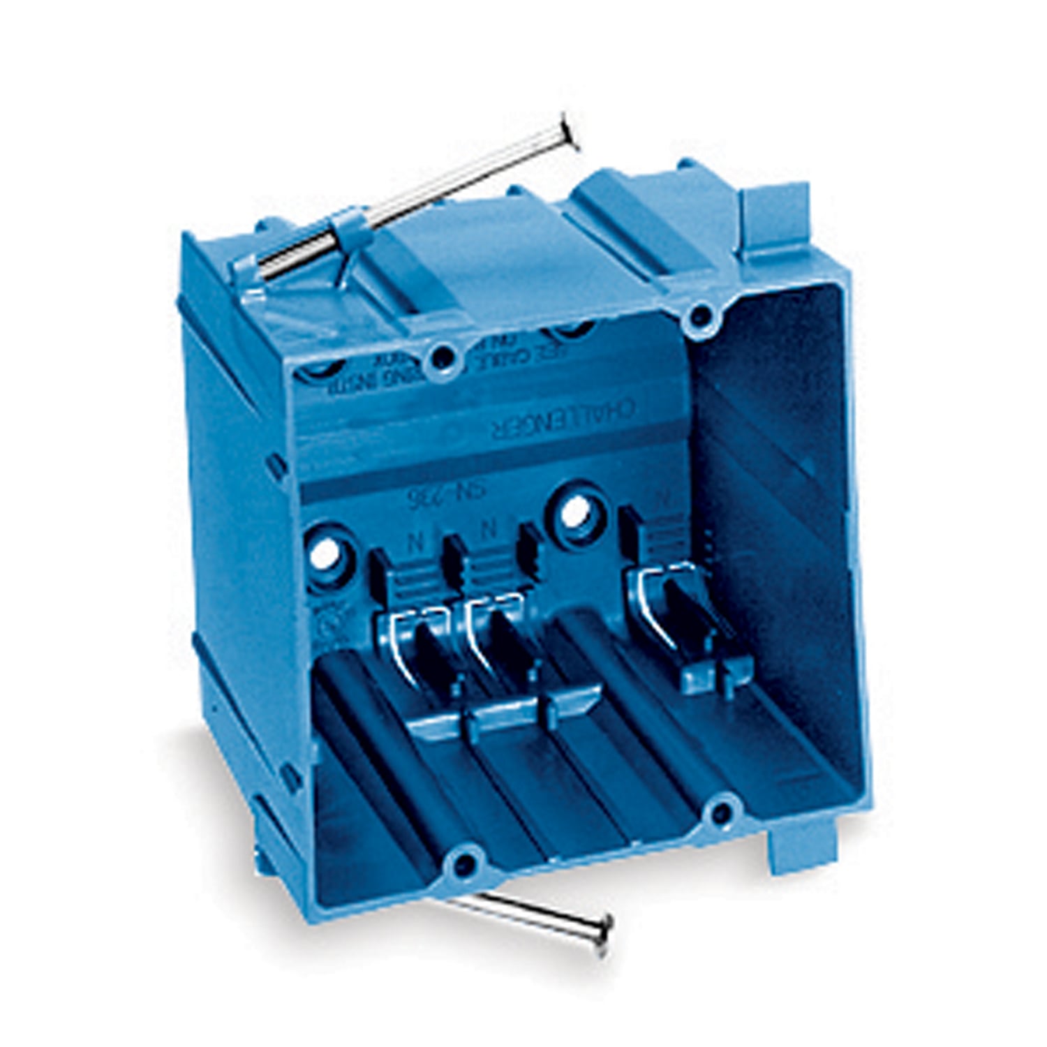 Two-Gang Nail-On New Work Outlet Box, Volume 36 Cubic Inches, Length 4 Inches, Width 3-5/8 Inches, Depth 3-1/8 Inches, Color Blue, Material PVC, Mounting Means Compound Angled Nails, with 3/8 Inch Offset Wallboard Tabs Molded Fast Clamp/Fast Set