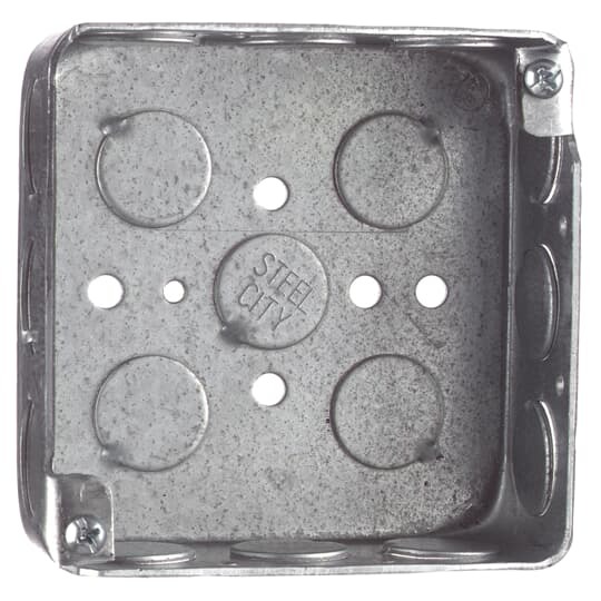 Square Box, 21 Cubic Inches, 4 Inch Square x 1-1/2 Inch Deep, 1/2 Inch Knockouts, Pre-Galvanized Steel, For use with Conduit, with Grounding Screw