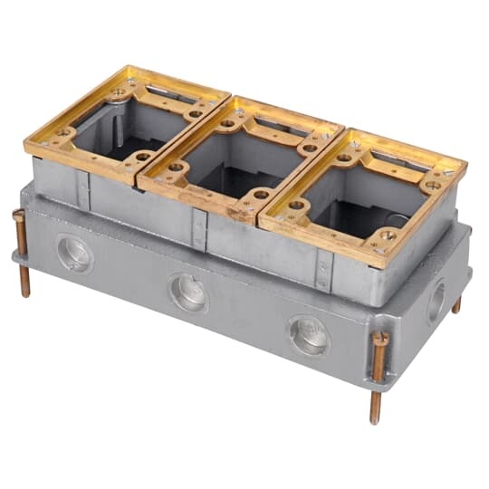 Three Gang Flush Service Floor Box, 111 Cubic Inches, Length 5-1/2 Inches, Width 10 Inches, Depth 3-5/8 Inches, 3/4 Inch Conduit Hubs, Cast Iron