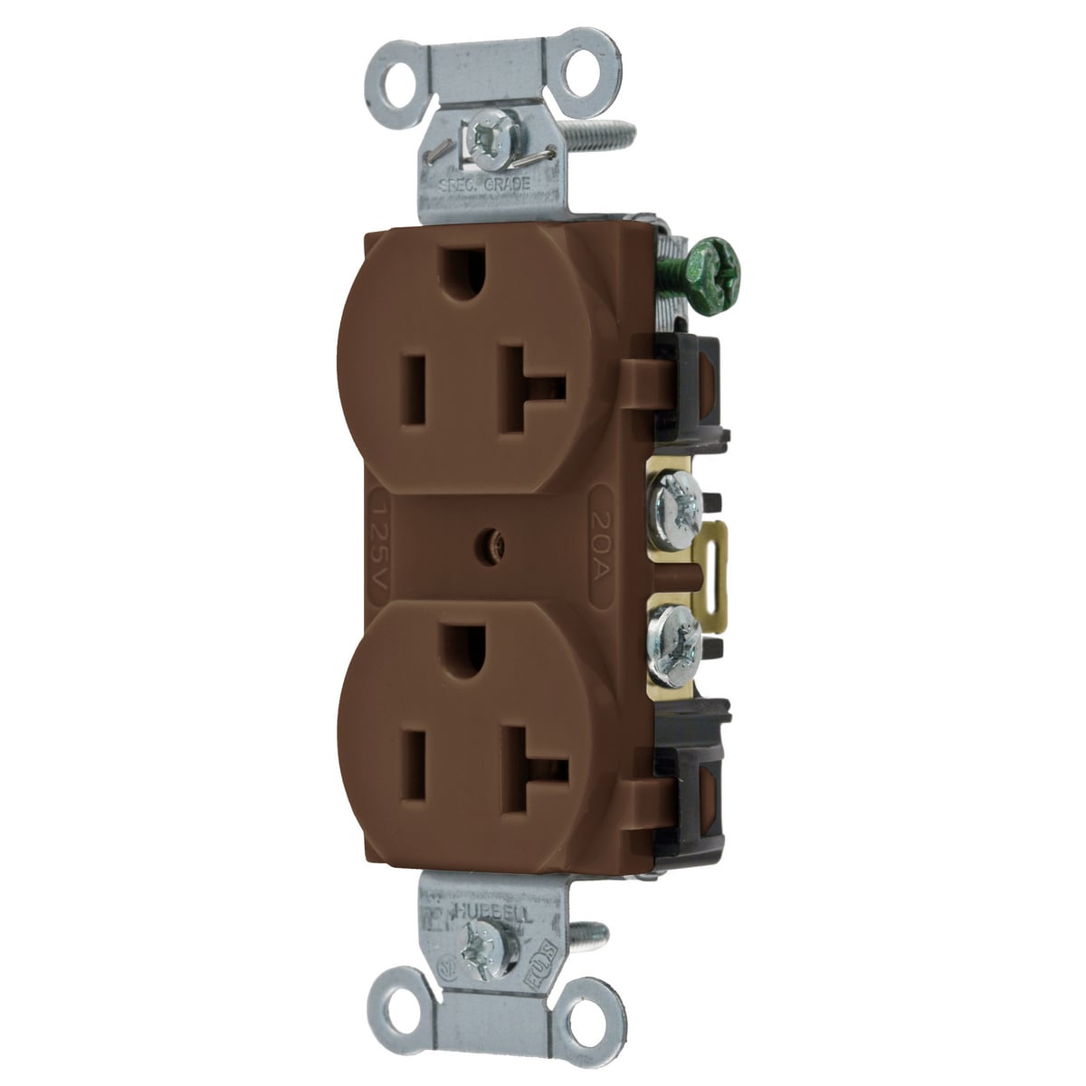 Straight Blade Devices, Receptacles, Duplex, Commercial/Industrial Grade, 2-Pole 3-Wire Grounding, 20A 125V, 5-20R, Brown, Single Pack.