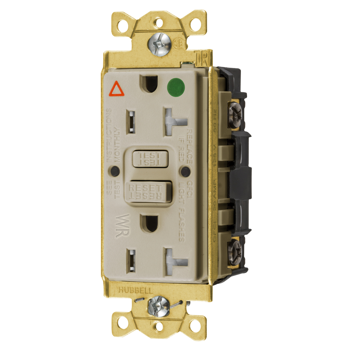 Straight Blade Devices, Receptacle, GFCI, Tamper and Weather Resistant, Commercial Hospital Grade, Self Test, IG, 20A 125V, 2-Pole 3-Wire Grounding, 5-20R, Ivory