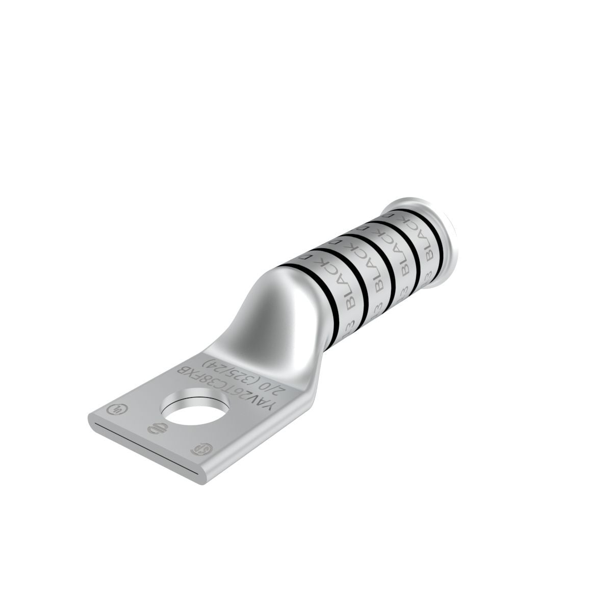 2/0 Flex G,H,I,K,M,DLO, 2/0 AWG CU, One Hole, 3/8 Stud Size, Long Barrel, Bell End, Tin Plated, UL/CSA, 90?C, Up to 35kV, Black Color Code, 13 Die Index.