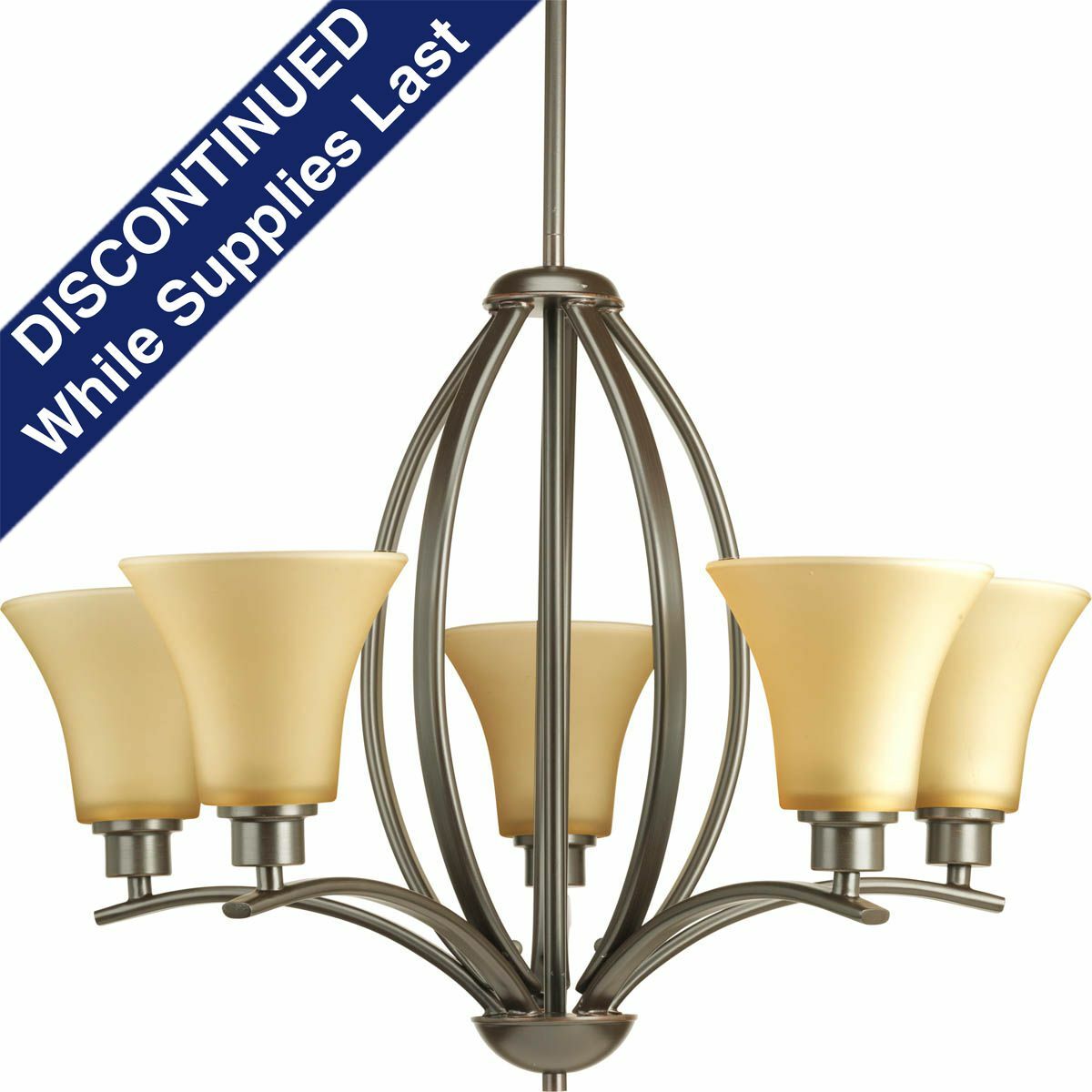 Gleeful simplicity defines this five-light chandelier from the Joy Collection. Refreshing and fashionable arcing forms of Antique Bronze metal arms enhance the etched white fluted glass. Coordinating fixtures from this collection let you decorate an entire home with confidence and style. The unique construction comes with two six inch stems and one 72 inch chain to allow the fixture to hang straight and level at any height. For stem hanging fixtures one or two links of chain are still required.