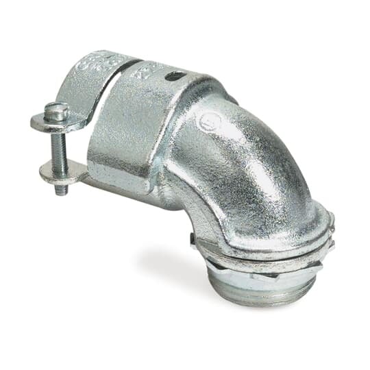 Squeeze Connector, 90 Degree Bend, Trade Size 1-1/4 Inch, Knockout Size 1-1/4 Inch, Cable Range 1.375 to 1.656 Inch, Malleable Iron