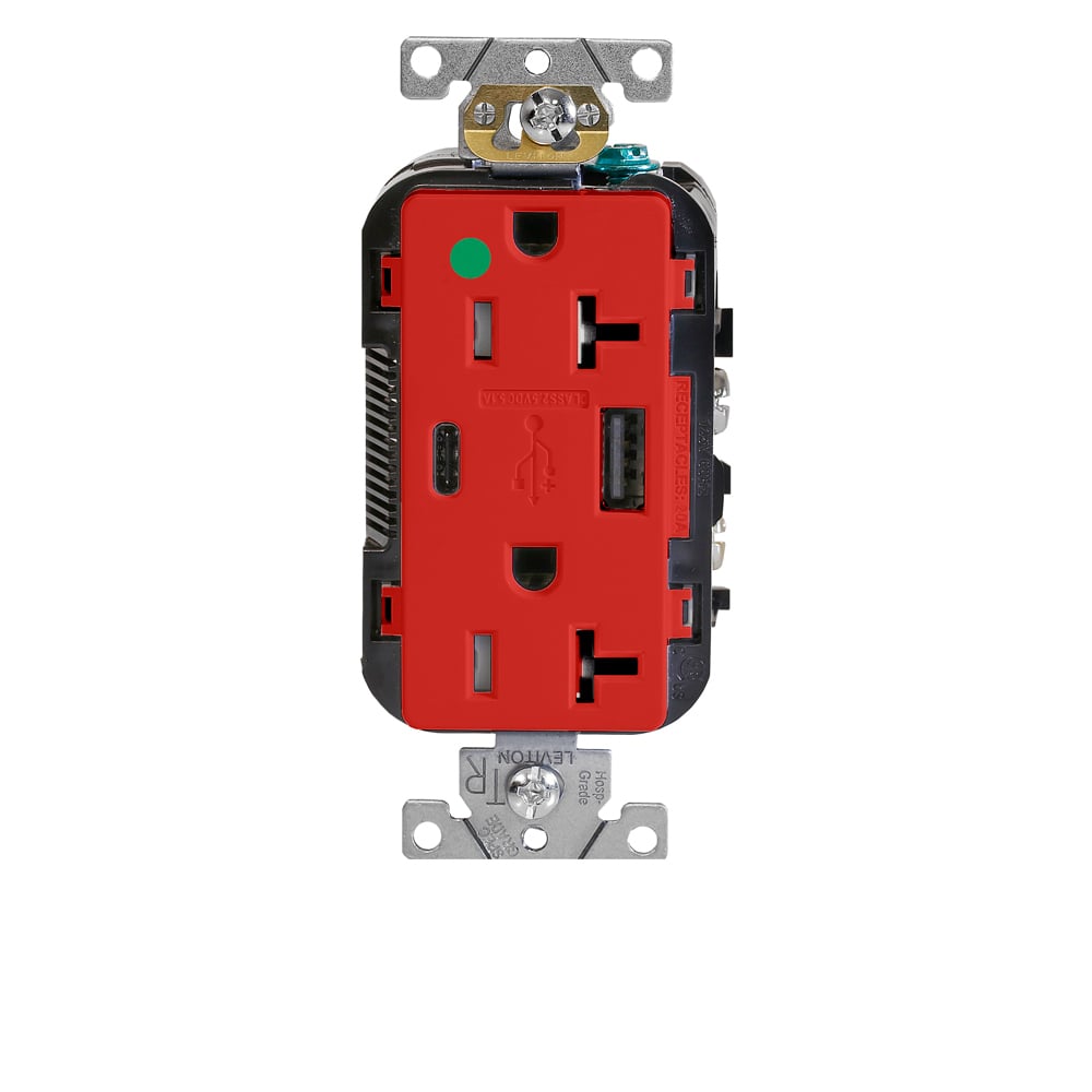 Decora Plus Duplex Receptacle Outlet, Heavy-Duty Hospital Grade, Tamper Resistant, with USB, One Type A  - One Type C USB Port (5.1 Amp), Smooth Face, 20 Amp, 125 Volt, Back and Side Wire, NEMA 5-20R, 2-Pole, 3-Wire, Self-Grounding - Red