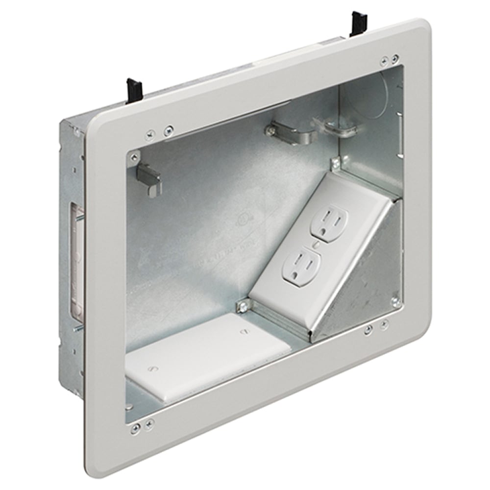 8 x 10 Steel TV BOX. Includes line voltage box, duplex receptacle. 1-1/2" knockout, cable entry device, wire management brackets. For new and old construction.