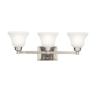 The Langford(TM) 26.25in; 3 light vanity light features a classic look with its gentle curves in Brushed Nickel finish and satin etched white bell shaped glass. The Langford vanity light is perfect in several aesthetic environments, including transitional and traditional.