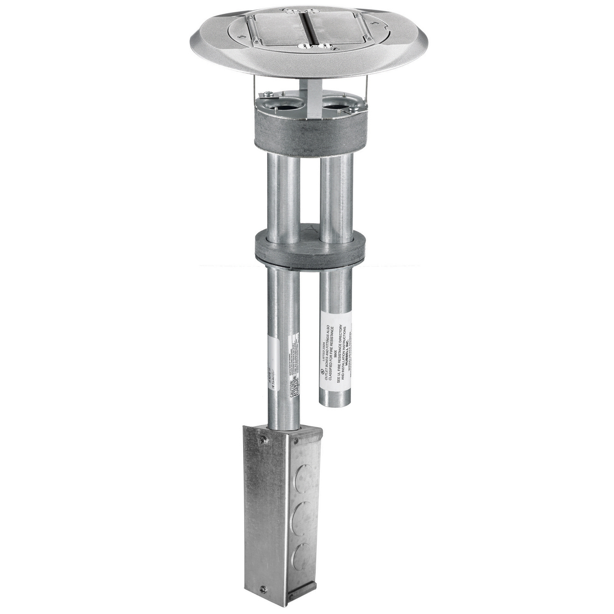 In-Floor Delivery Systems, SystemOne, Fire-Rated Poke-Through, 1 Piece Unit, Dual StyleLine Decorator Openings, Junction Box, Cover with Aluminum Finish