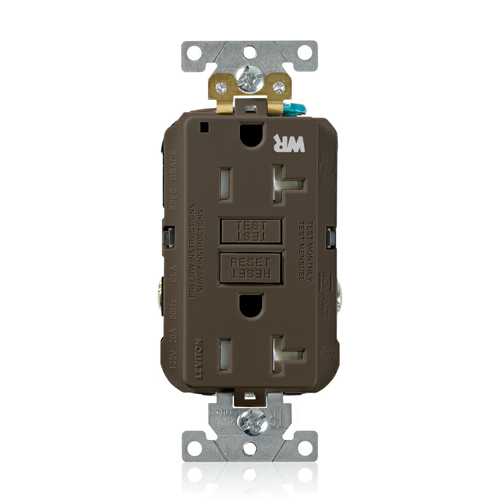 20 Amp, 125 Volt, SmartlockPro Self-Test GFCI Duplex Receptacle , NEMA 5-20R, 2P, 3W, Extra-Heavy Duty Industrial Grade, Weather & Tamper-Resistant, 20A Feed-Through, Back or Side Wired - BROWN
