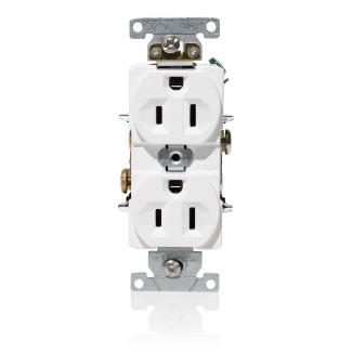 15 Amp, 125 Volt, NEMA 5-15R, 2P, 3W, Duplex Receptacle, Indented Face, Straight Blade, Fed Spec, Heavy Duty Industrial Specification Grade, Self-Grounding, Back & Side Wired, Steel Strap  WHITE
