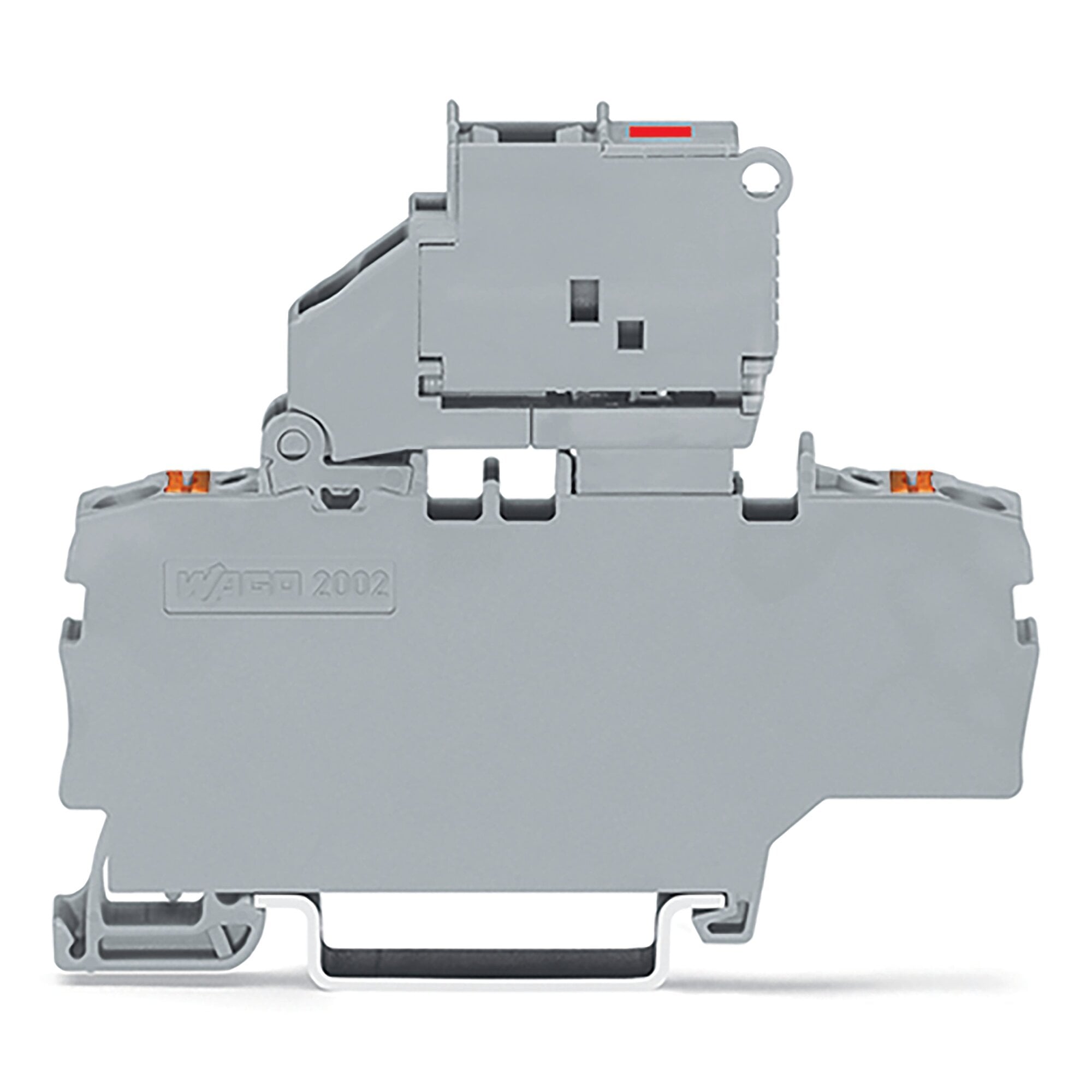 2-conductor fuse terminal block; with pivoting fuse holder; with additional jumper position; for 5 x 20 mm miniature metric fuse; with push-button; with blown fuse indication by LED; 120 V; for DIN-rail 35 x 15 and 35 x 7.5; 2.5 mm; Push-in CAGE CLAMP; 2,50 mm; gray