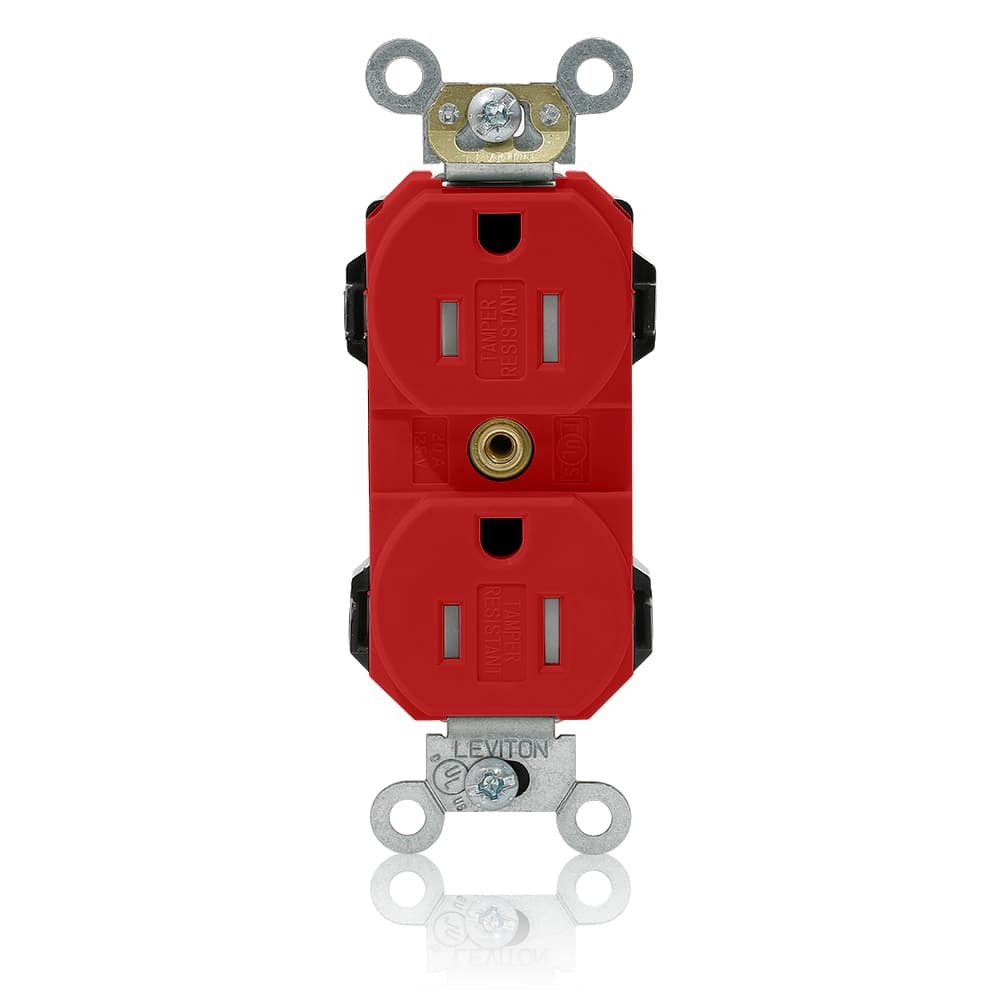 15 Amp, 125 Volt, NEMA 5-15R, 2P, 3W, Narrow Body Duplex Receptacle, Straight Blade, Fed Spec Commercial Grade, Self Grounding, Tamper-Resistant, Modular Terminals, Steel Strap, Lev-Lok - RED