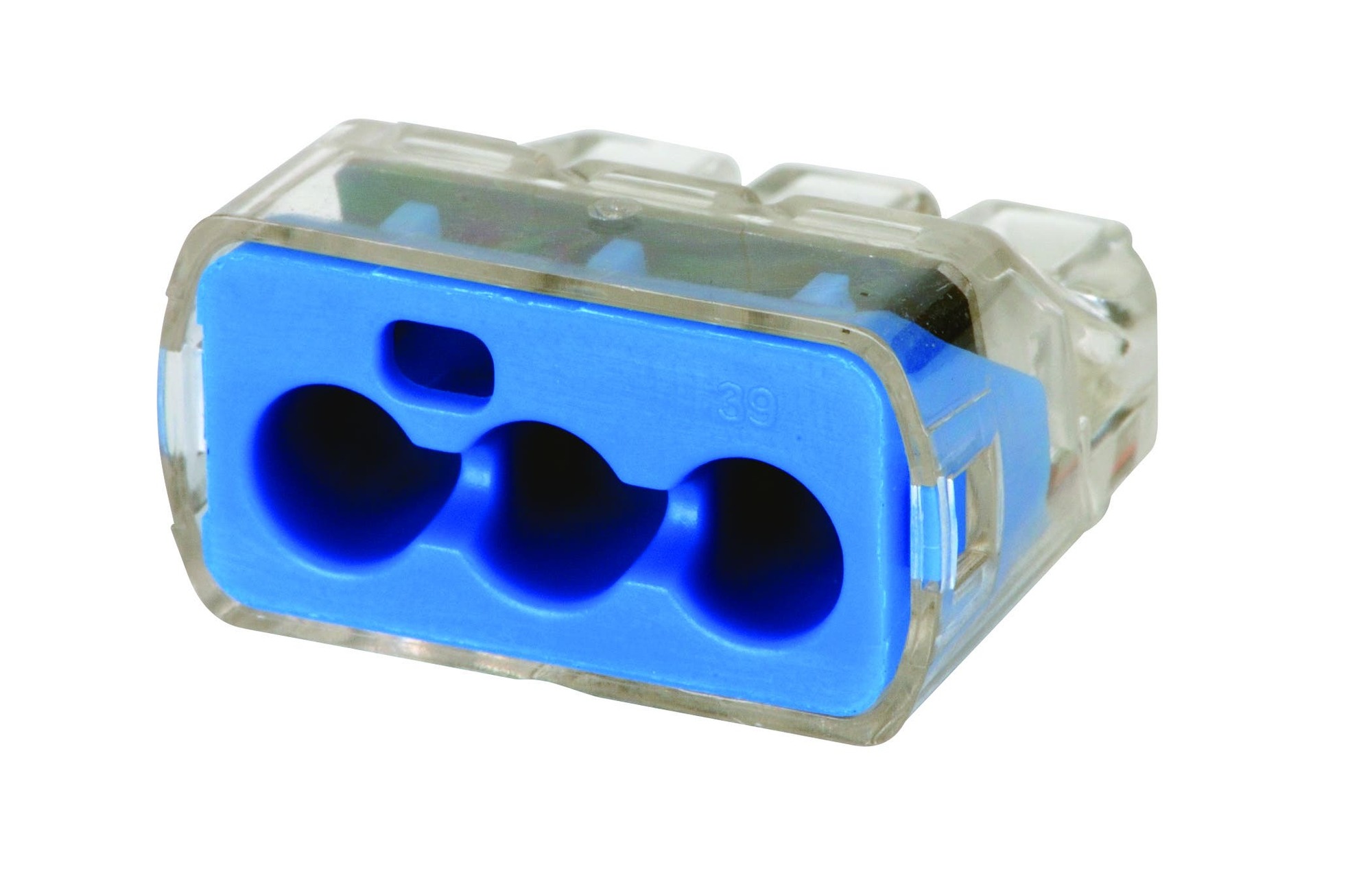 IDEAL, Wire Connector, In-Sure, Push-In, Size: 0.780 IN Length X 086 IN Width X 0.450 IN Height, Connection: 3 Ports, Wire Size: #10 AWG - #14 AWG Solid, #10 AWG - #12 AWG (19 Strand Or Less) Stranded, #10 AWG - #14 AWG (19 Strand Or Less) Stranded (Tin Bonded), Color: Blue, Voltage Rating: 600 V Maximum Building Wire, 1000 V Maximum Signs And Lighting Fixtures, Temperature Rating: 105 DEG C Shell Rated, Wire Type: Solid, Stranded, Stranded (Tin Bonded), Model: 39