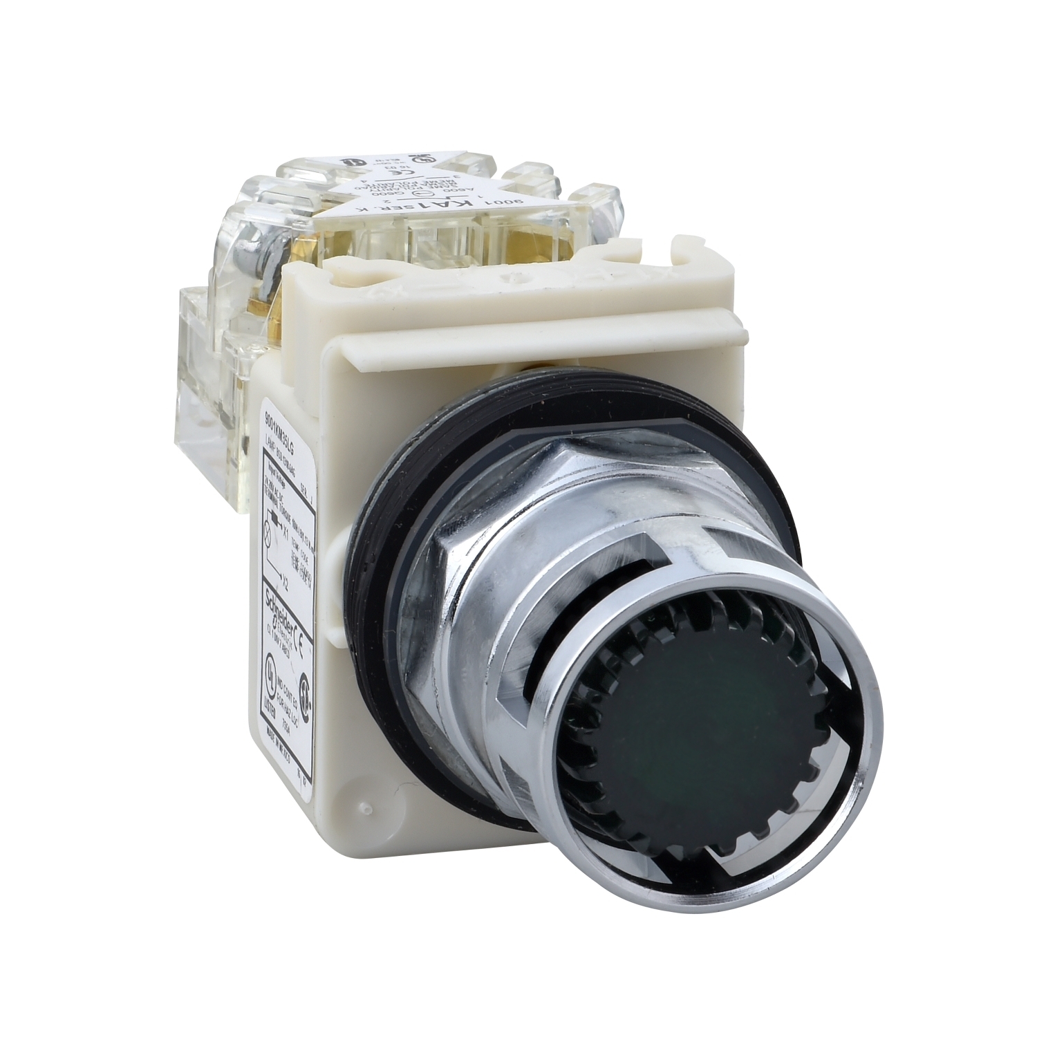 Illuminated push button, Harmony 9001K, metal, metal guard flush, green, 30mm, spring return, LED green, 24...28V, 1 CO