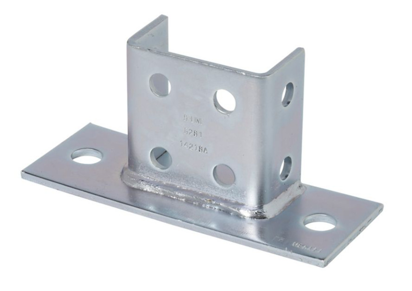 B281FLZN Rectangular U Type Post Base, 2 Channel, Flush to Side Channel Position, 3-1/2 in H Base, For Use With 1-5/8 x 1-5/8 in B22A, B22B and B22C Series Side by Side Channel, Steel