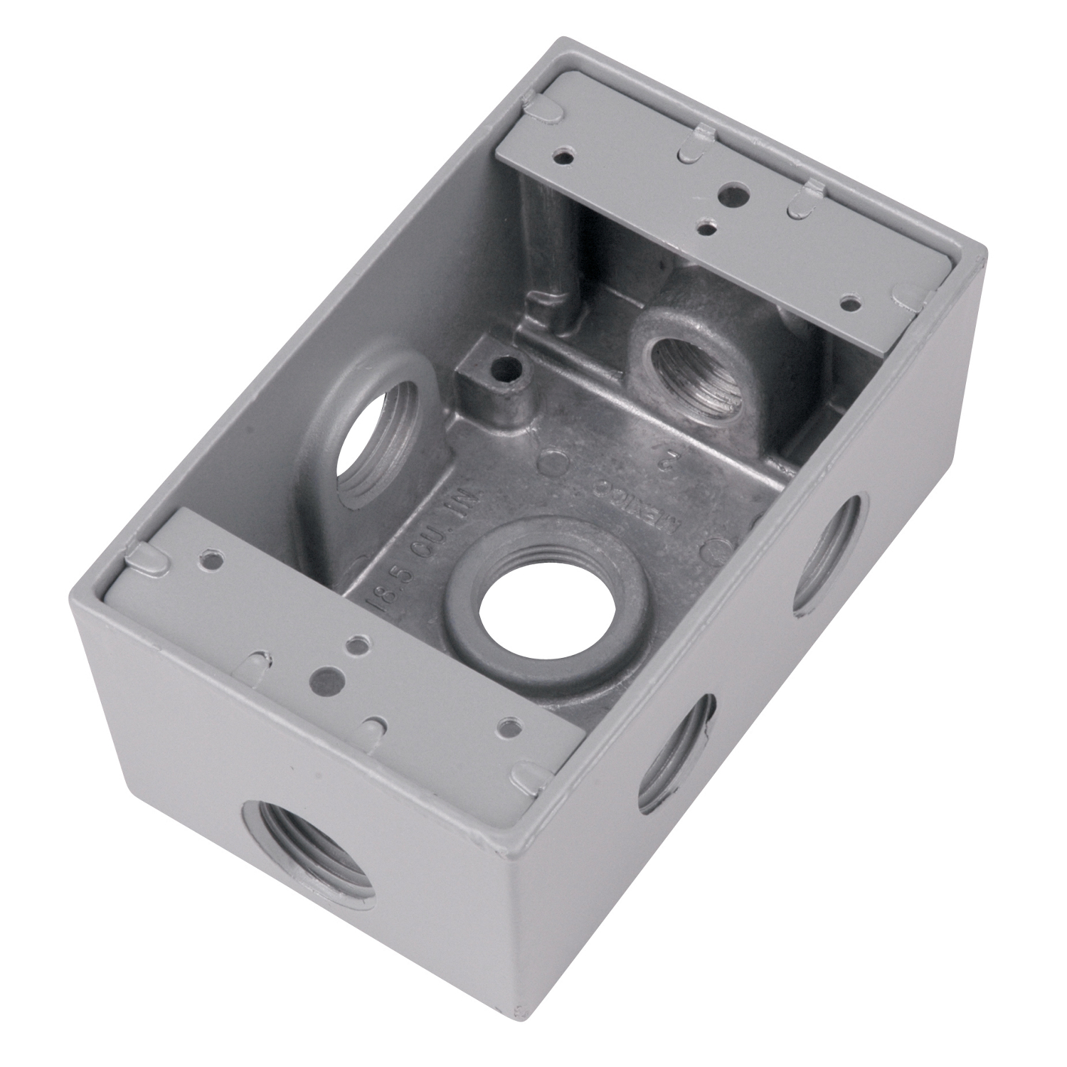 Single Gang Universal Weatherproof Box, 17.5 Cubic Inches, Hub Size 3/4 Inch, Silver, Aluminum, 6 Outlets (2-Sides) with 1 on Top, Bottom, 1 on One Side and 2 on Other Side, and Back