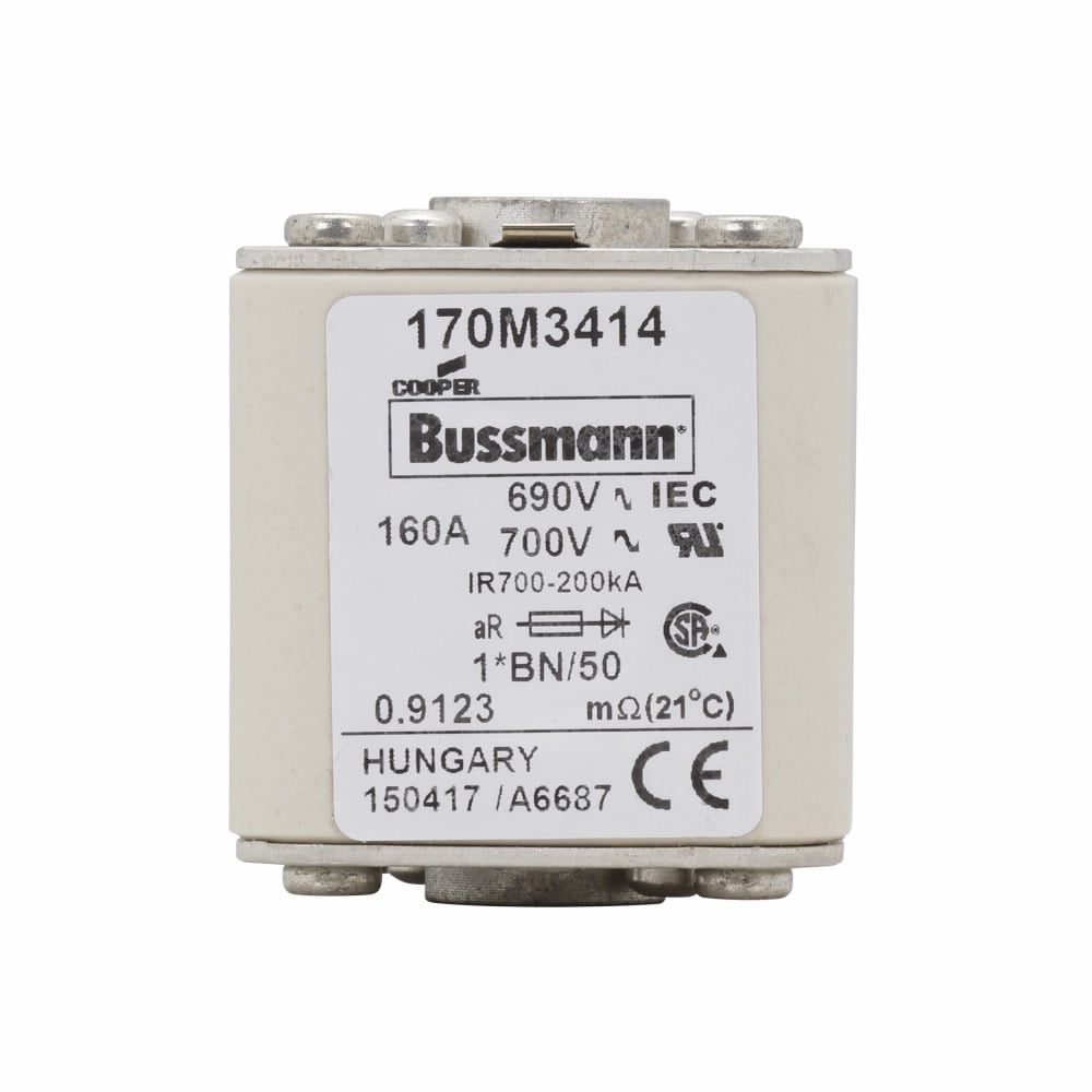 Eaton Bussmann series high speed square body fuse, 700V (UL), 690V (IEC), 160A, 200 kAIC, Top fuse status indicator, Fuse, Class aR, Flush