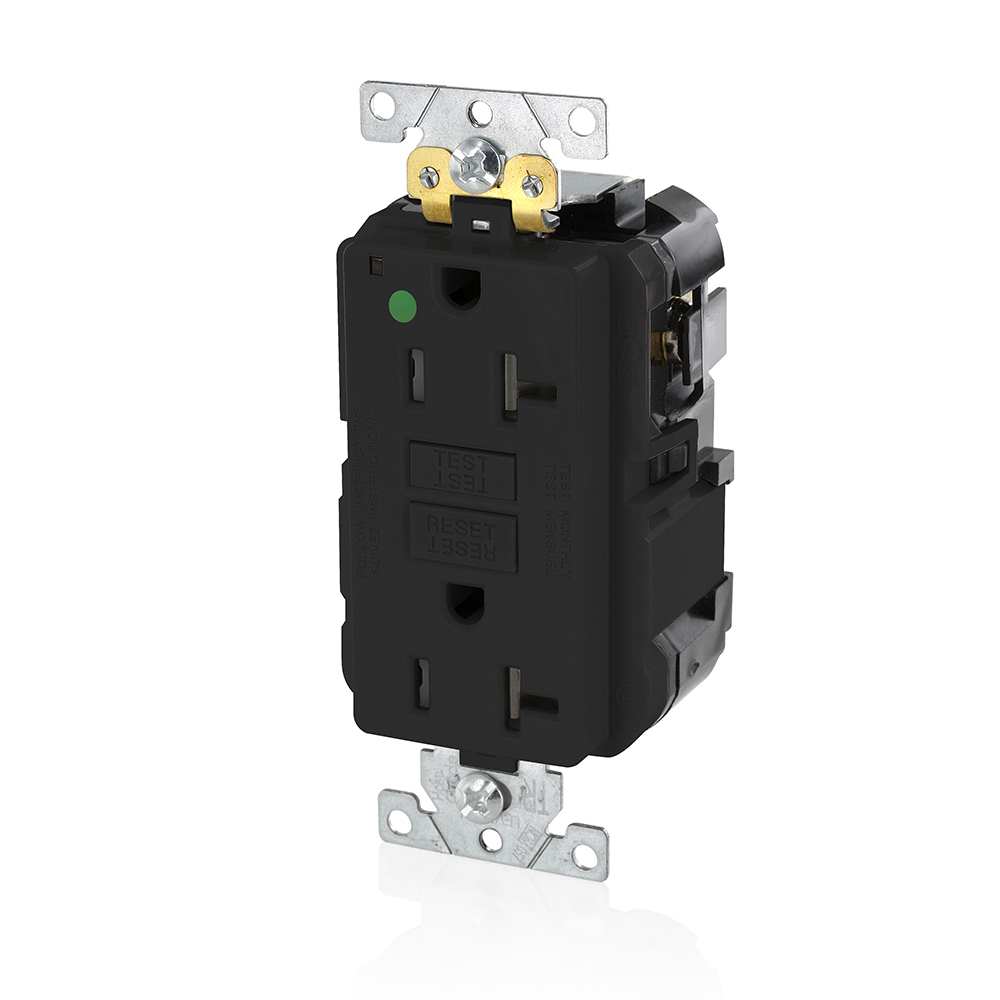 20 Amp, 125 Volt, SmartlockPro Slim Lev-Lok  Self-Test GFCI Receptacle, Extra-Heavy Duty Hospital Grade, Tamper-Resistant, 20A Feed-Through, NEMA 5-20R, 2P, 3W, Modular Terminals  BLACK