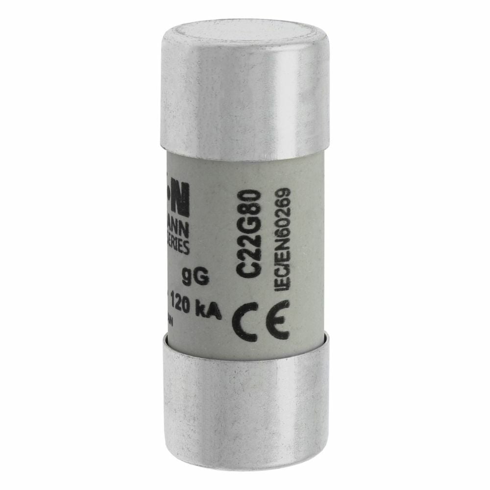 Eaton Bussmann series low voltage 22 x 58 mm cylindrical/ferrule fuse, rated at 500 Volts AC, 80 Amps, 120 kA Breaking capacity, class gG/gL, without indicator, compatible with a CH22 Modular fuse holder