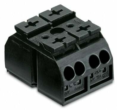 4-conductor chassis-mount terminal strip; 2-pole; without ground contact; 1 snap-in foot per pole; 4 mm²; 4,00 mm²; black
