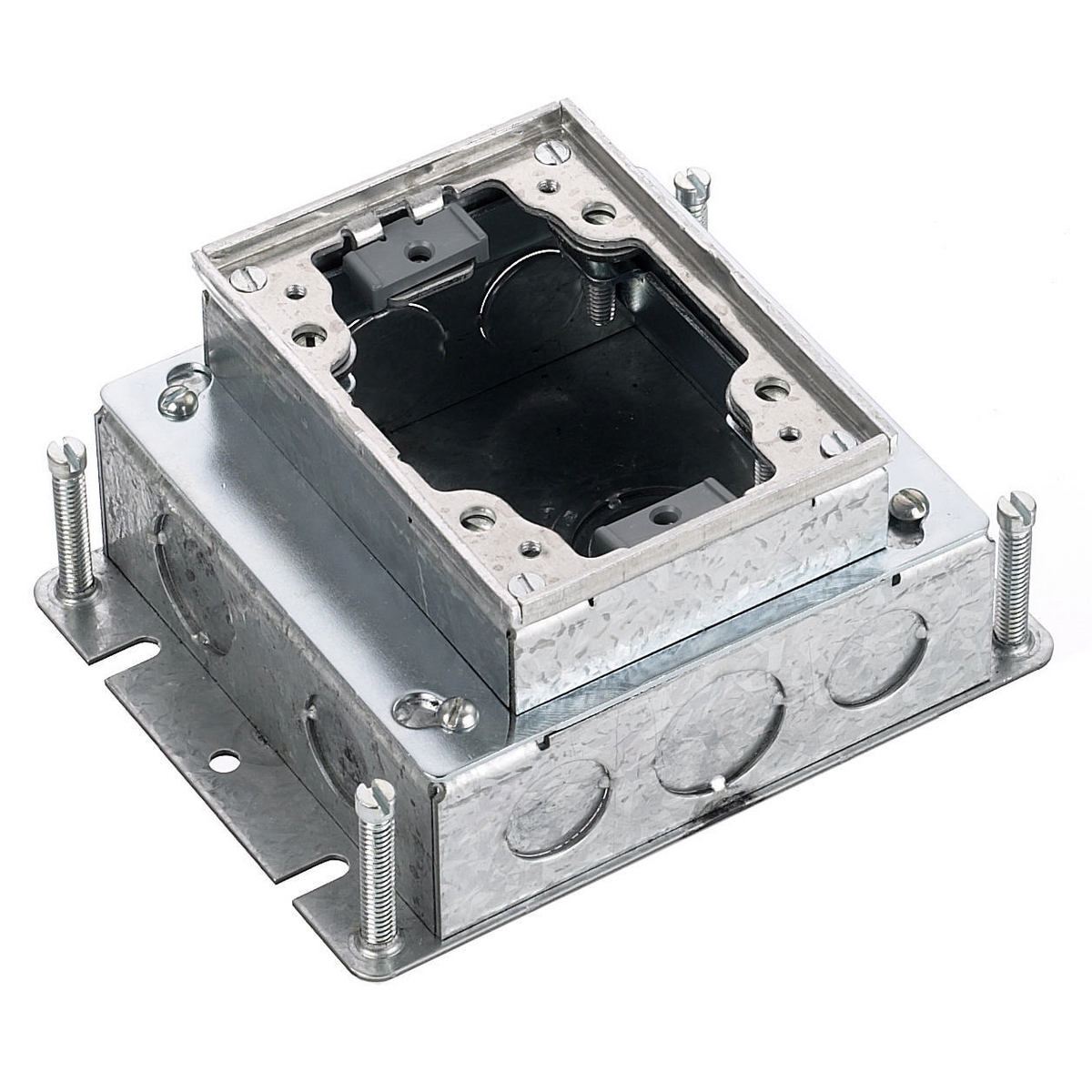 Flush Concrete Floor Box Series, 1-Gang, Rectangular, Galvanized Stamped Steel Box, Shallow, Fully Adjustable, Single Service, Aluminum Top