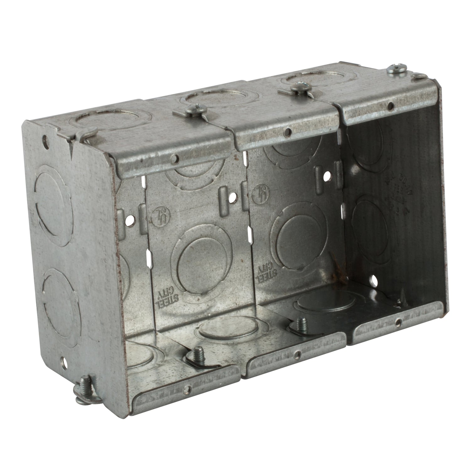 Gangable Masonry Box, 47.4 Cubic Inches, 3-3/4 Inches Long x 5-9/16 Inches Wide x 2-1/2 Inches Deep, 1/2 Inch and 3/4 Inch Knockouts, Pre-Galvanized Steel, For use with Conduit