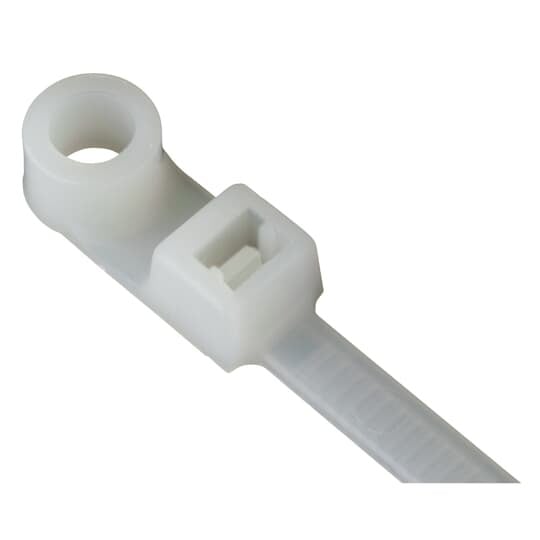 Intermediate, Integrated Mounting Hole Cable Tie, Natural Polyamide (Nylon 6.6) for Temperatures up to 85 Degrees Celsius (185 F) for Indoor Applications, Length of 137.76mm (5.42 Inches), Width of 3.63mm (0.143 Inches), Thickness of 1.21mm (0.048 Inches), Tensile Strength Rating of 133 Newtons (30 Pounds), #8 Screw for Mounting, Bulk Pack