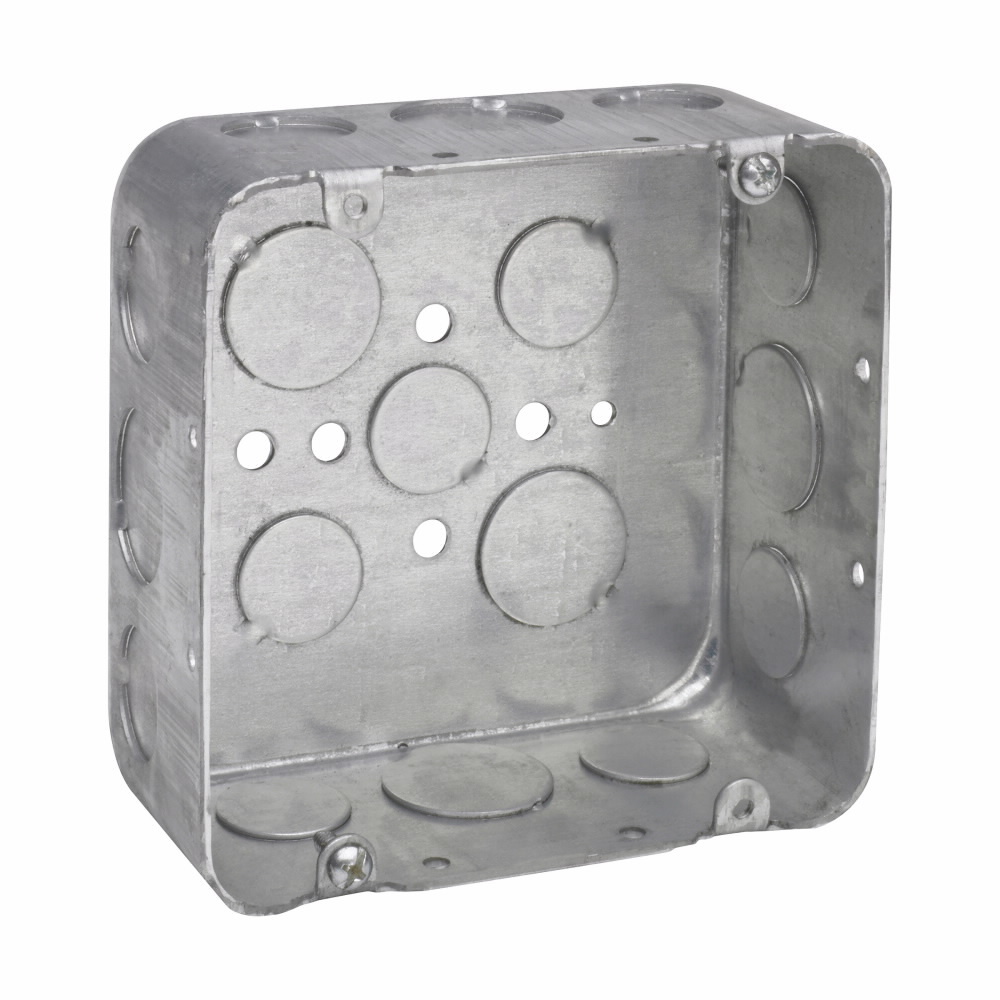 Eaton Crouse-Hinds series Square Outlet Box, (3) 1/2", (2) 3/4", 4-11/16", Conduit (no clamps), Drawn, 2-1/8", Steel, (8) 1/2", (4) 3/4", 42.0  cubic inch capacity