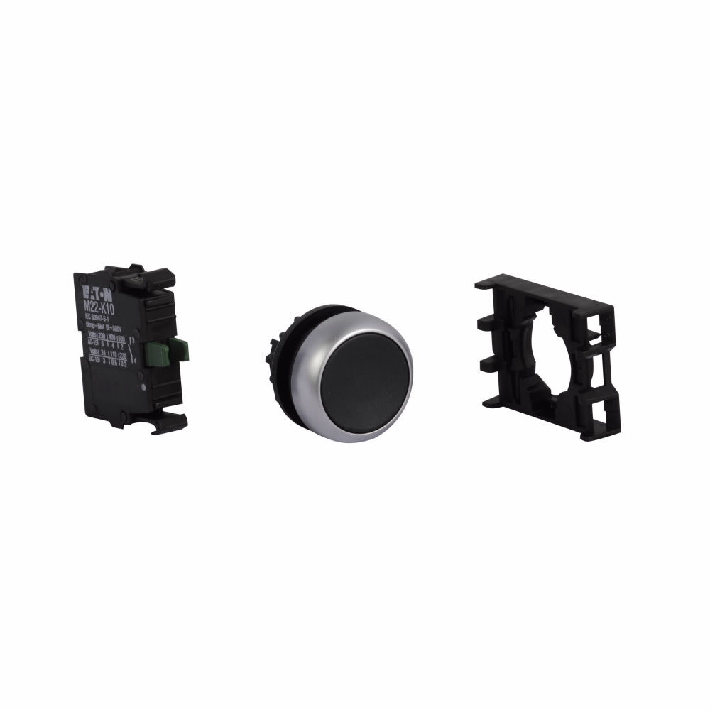Eaton 22.5 mm RMQ-Titan Pushbutton,Black Actuator,Silver bezel,1NO,IP67, IP69K,Non-illuminated,Flush mounting,NEMA 4X, 13,5,000,000 operations,Momentary,22.5 mm,Flush Pushbutton,M22
