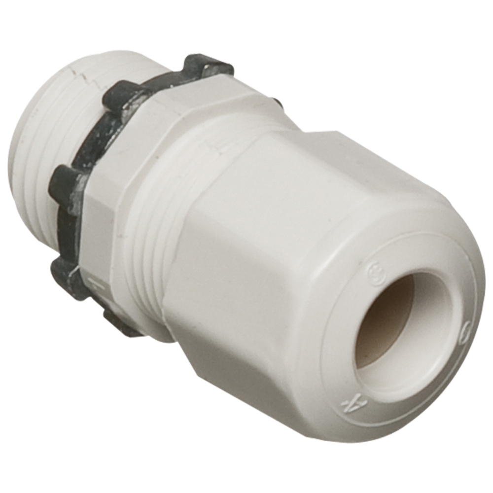 Low-profile non-metallic, liquid-tight, oil-tight, and gray strain relief cord connector furnished with a sealing ring and locknut. Supports .100 to .300 cord range with a 1/2 inch trade size. Color White.