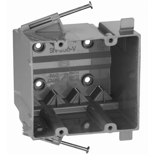 Two-Gang Nail-On New Work Outlet Box, Volume 36 Cubic Inches, Length 4 Inches, Width 3-5/8 Inches, Depth 3-1/8 Inches, Color Blue, Material PVC, Mounting Means Compound Angled Nails, with 3/8 Inch Offset Wallboard Tabs Molded V-Clamp