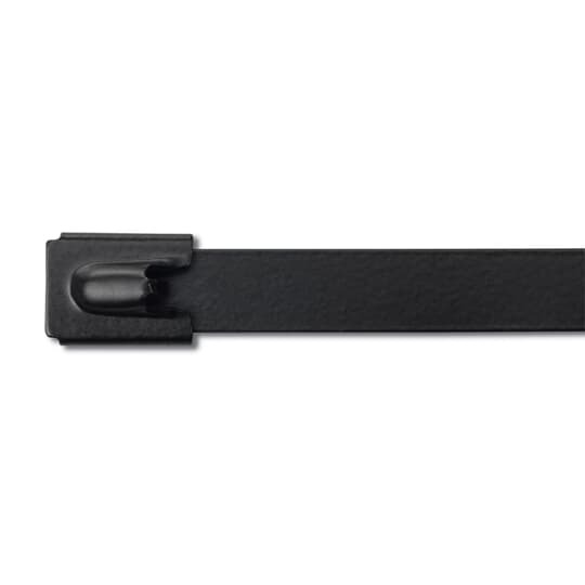 Ball-Lock 316 Stainless Steel Cable Tie, Black Polyester Coated, Temperatures up to 165 Degrees Celsius (329 F) for Cold Conditions and OffShore Applications, UL/EN/CSA62275 Type 21 Rated, Length of 200mm (7.8 Inches), Width of 4.6mm (0.18 Inch), Thickness of 0.3mm (0.01 Inch), Tensile Strength Rating of 778 Newtons (175 Pounds)