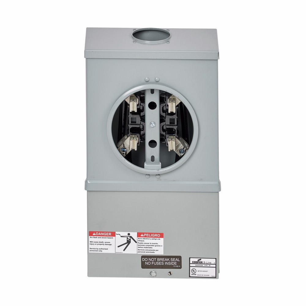 Eaton B-Line series single meter sockets, AW Hub top provision, 200 A, Both, 4 jaws, Ring type, 3, Steel, ANSI 61 paint, Side, 1 pole, 3 wires, #6 - 250MCM line lug size, #6 - 250MCM load lug size, Manual circuit closing